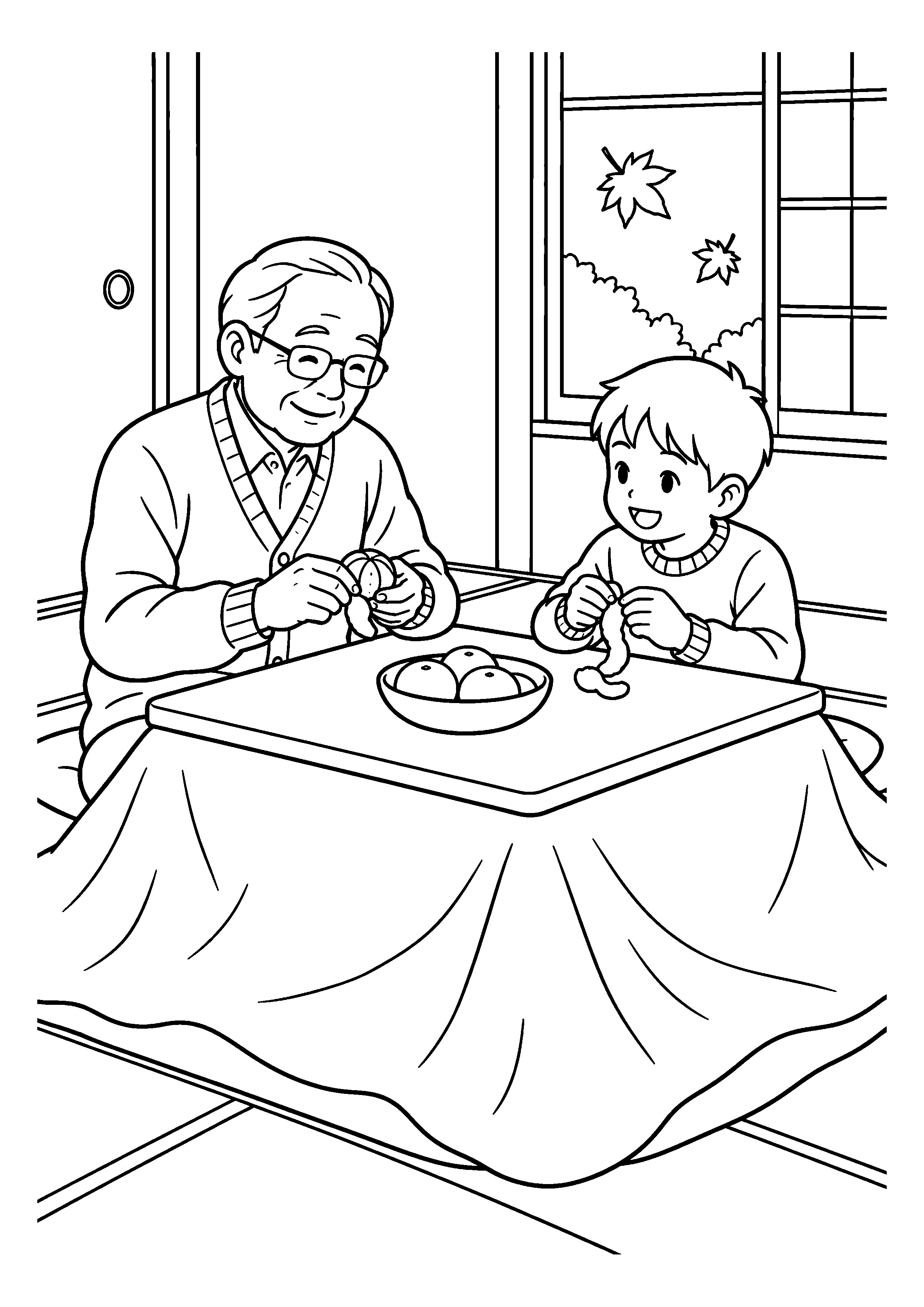 昭和４０年代の１１月をイメージしたこたつでみかんを分ける祖父と孫の白黒塗り絵