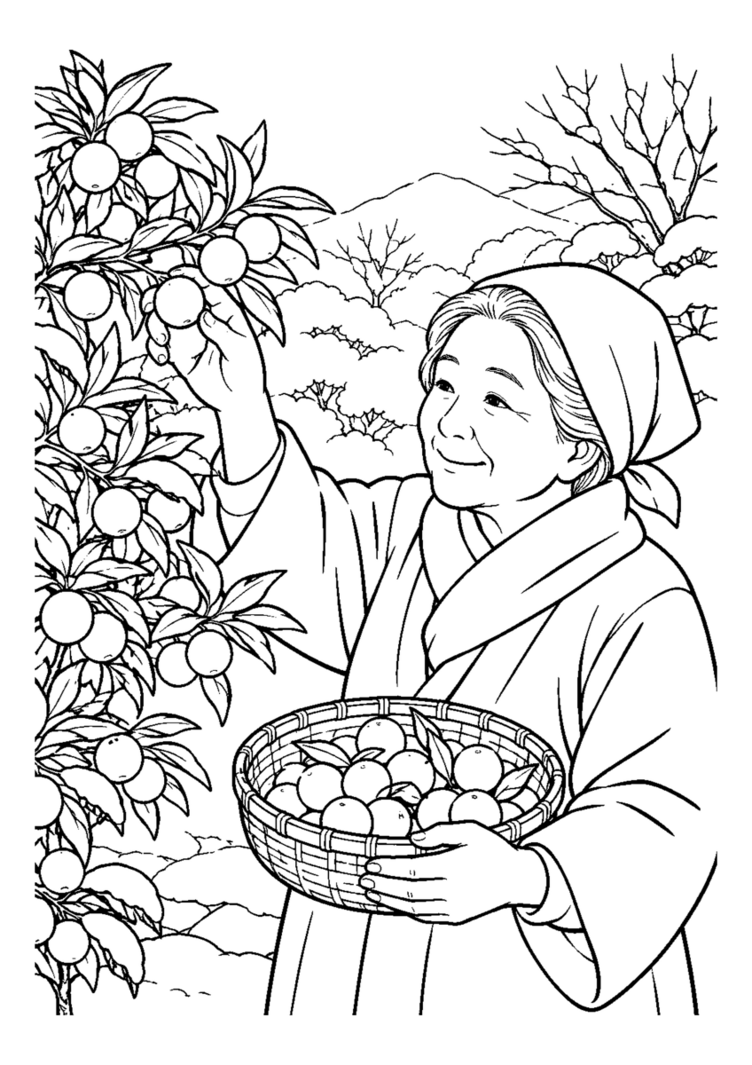 低い枝の金柑を片手で摘み竹籠へ入れる。白黒の高齢者向け塗り絵