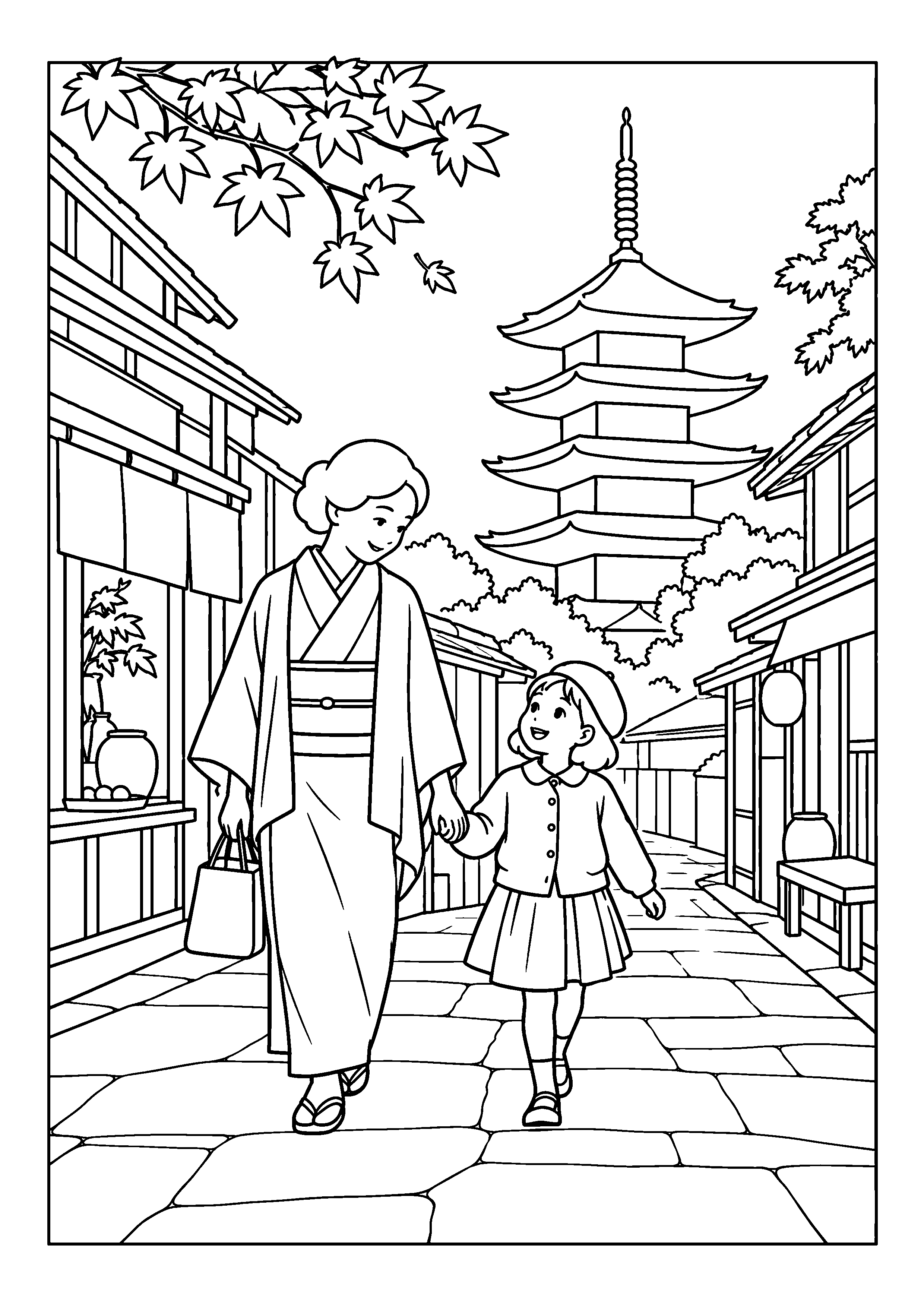 昭和２０年代後半の１１月をイメージした京都の坂道と八坂の塔の白黒塗り絵