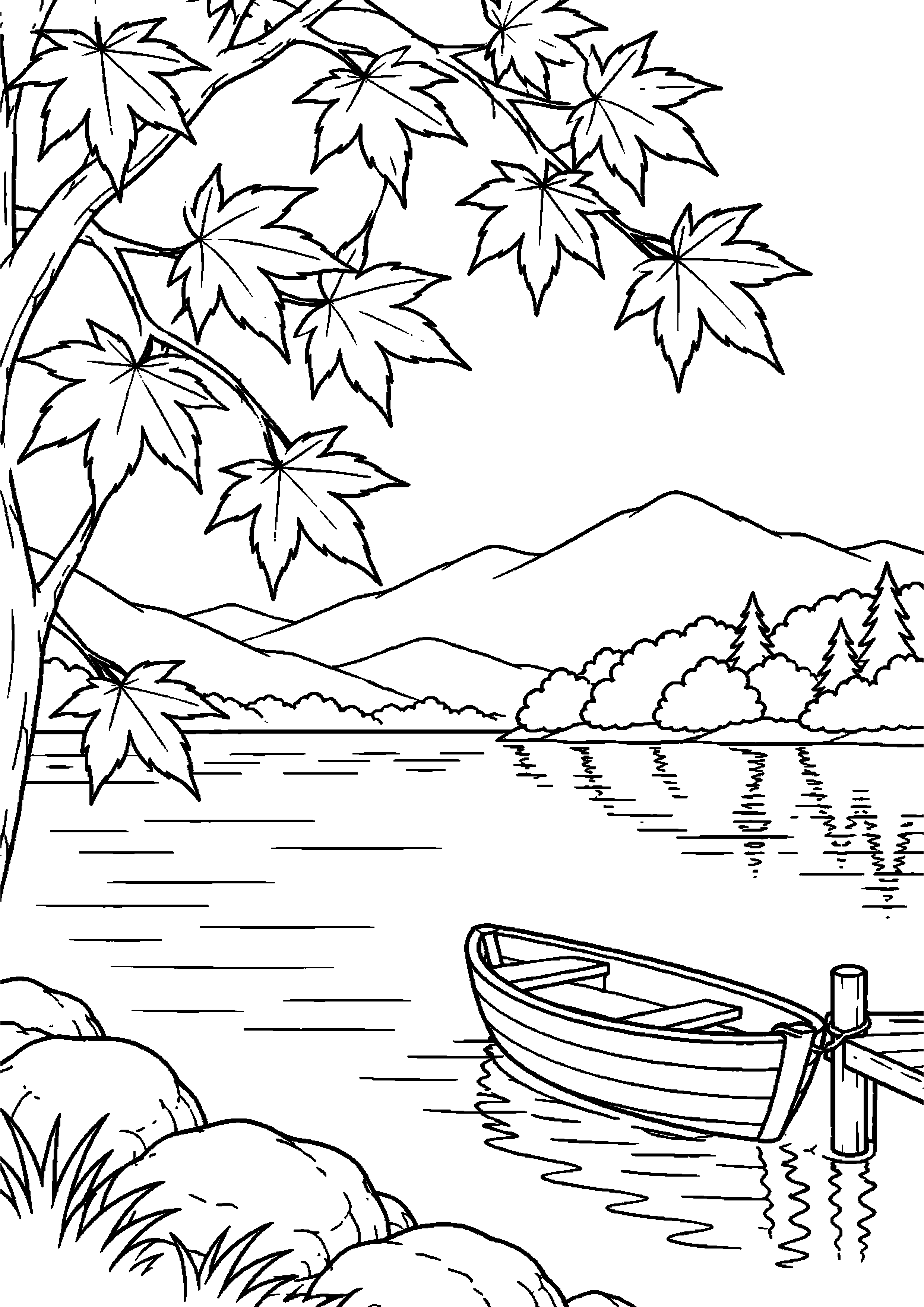 【11月】湖畔のカエデと小舟の塗り絵