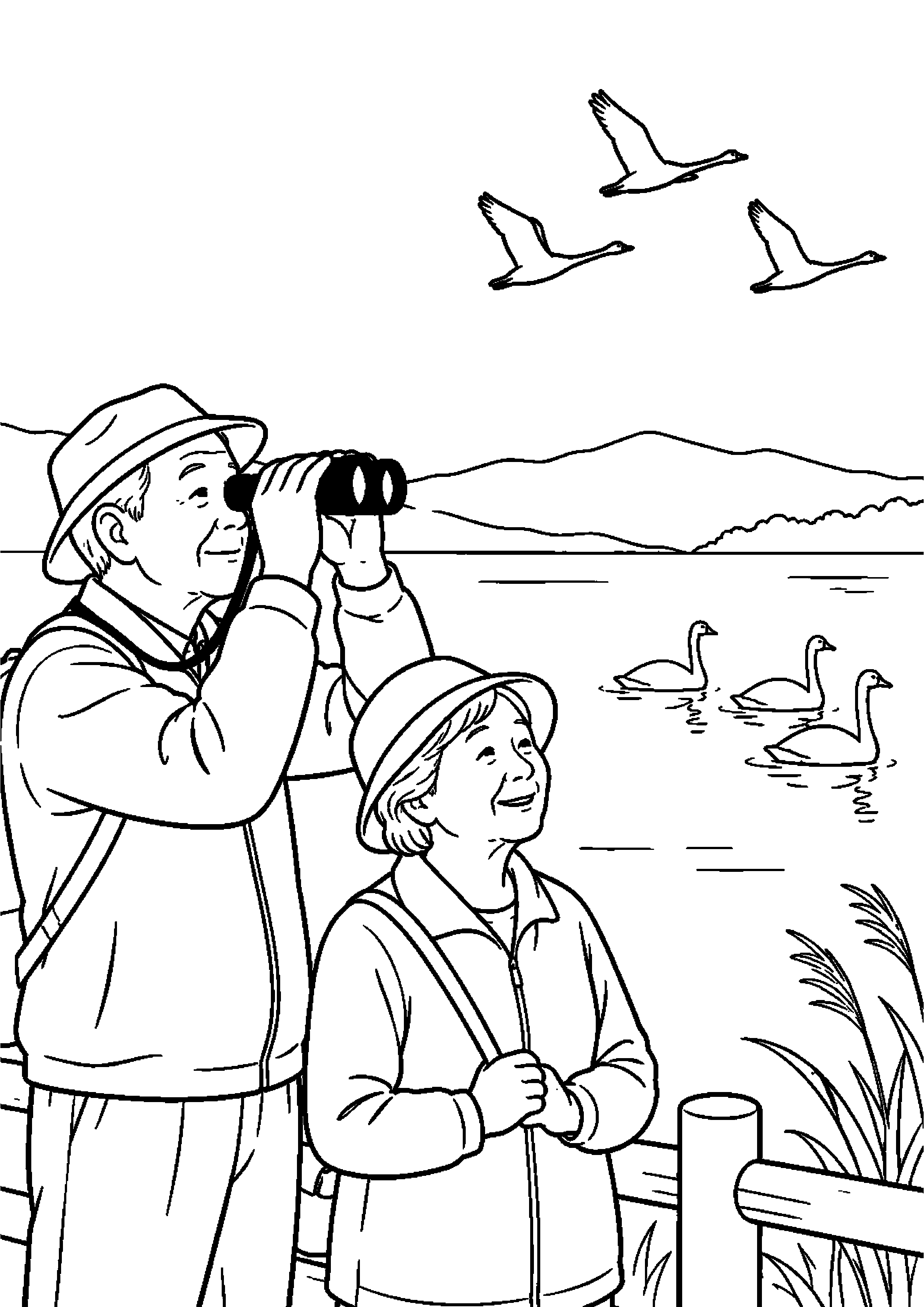 双眼鏡を持つ高齢者が湖の渡り鳥を見る高齢者向けの白黒塗り絵