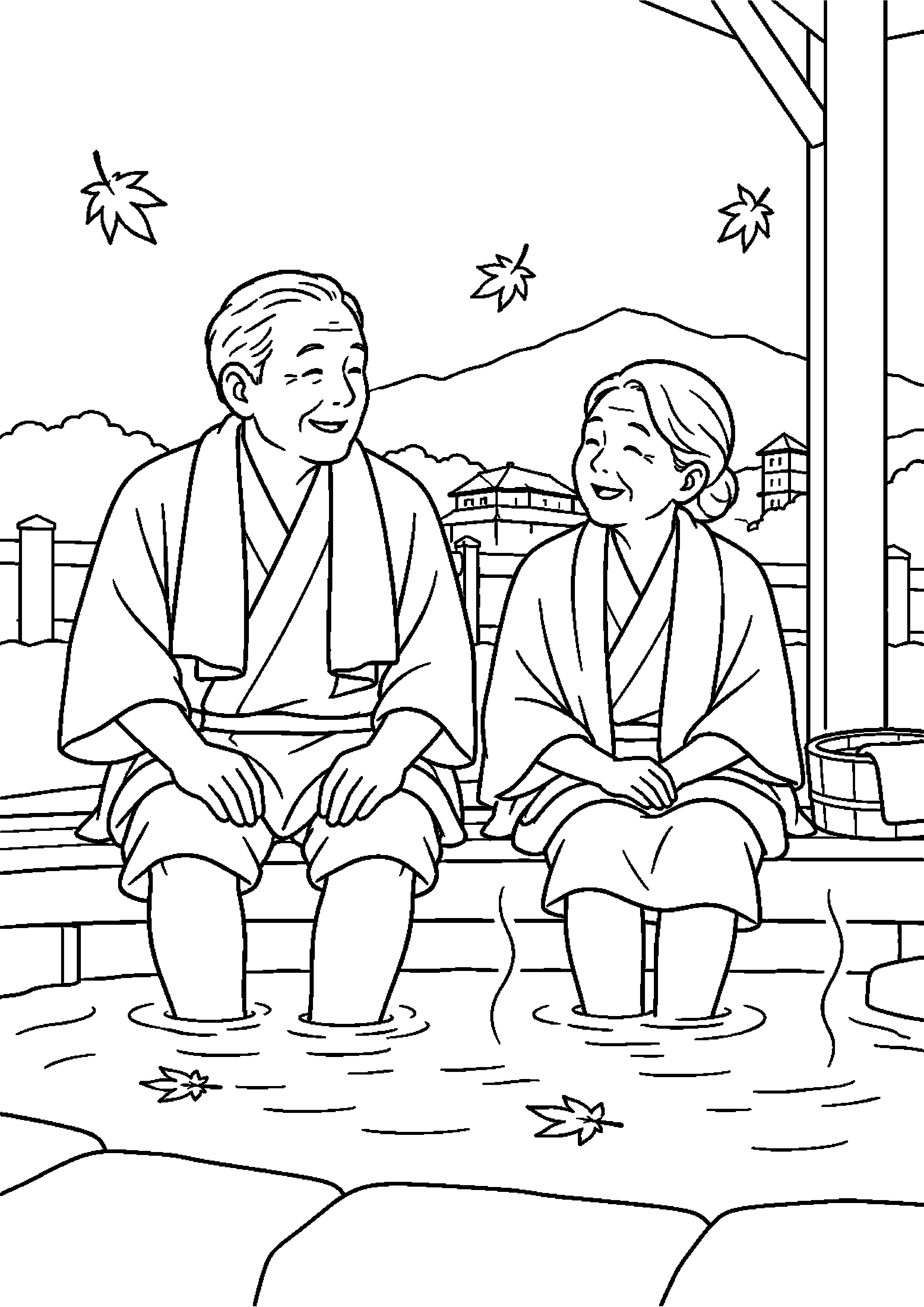 落ち葉舞う屋外の足湯に二人が腰掛ける高齢者向けの白黒塗り絵