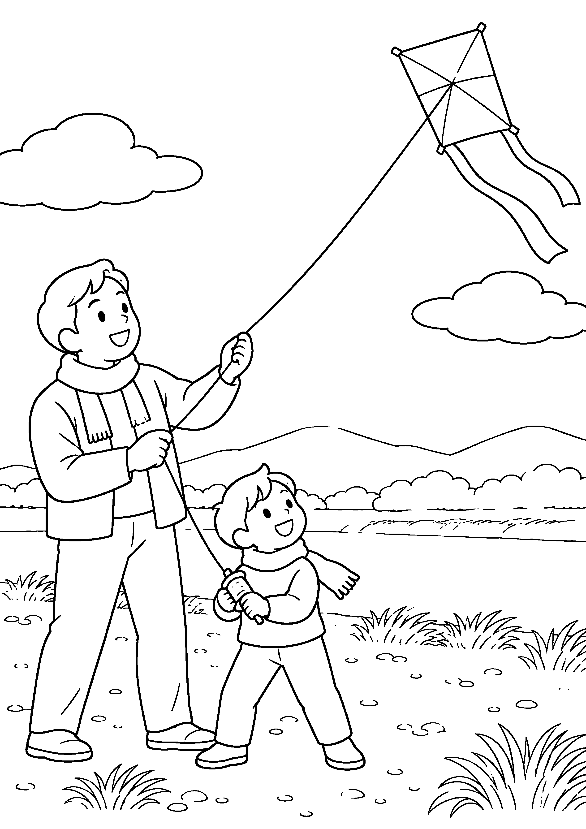 木枯らしの吹く広い河原で、父親と子どもが昔ながらの和凧を高く揚げている様子を、太く見やすい黒線で描いた高齢者向け塗り絵