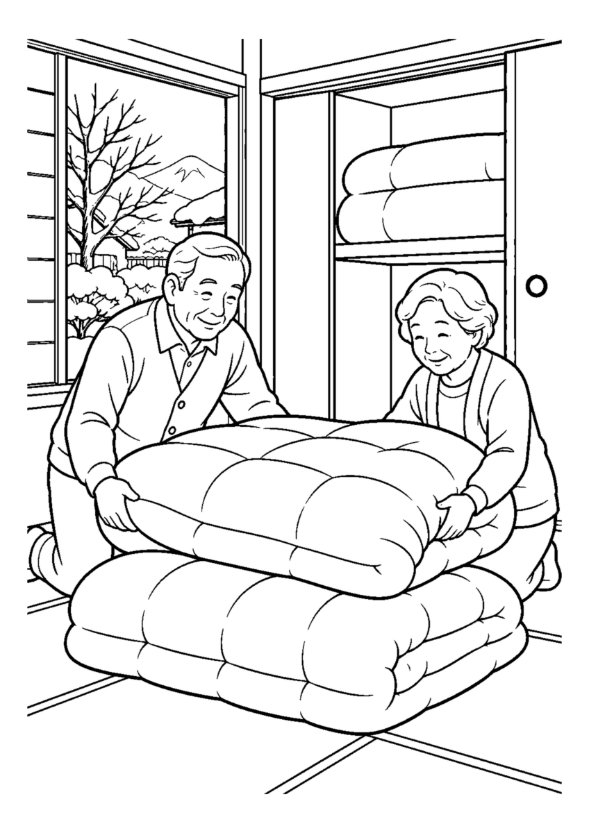 【１２月】冬布団を重ねるの塗り絵