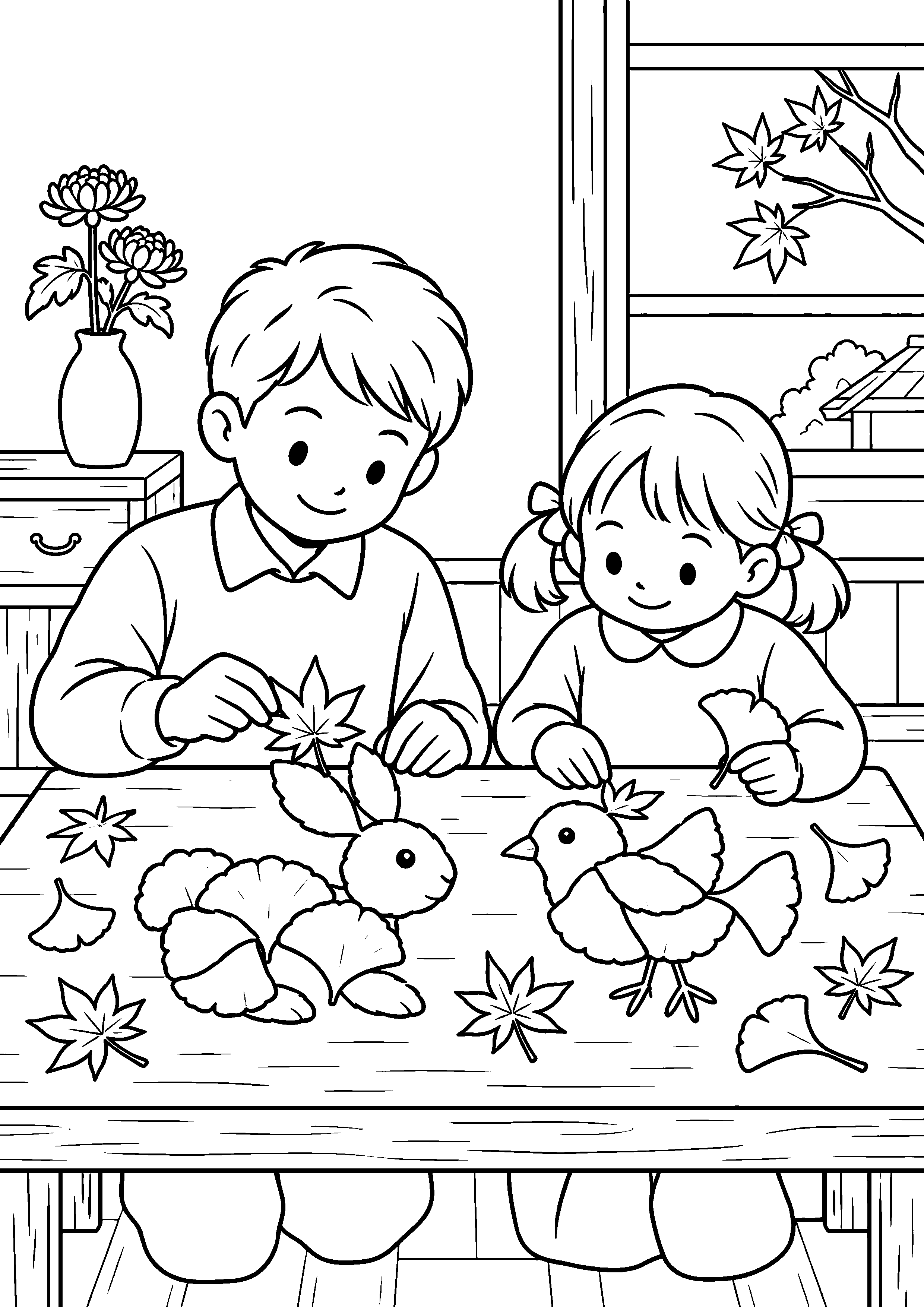 昭和の木の机で、兄妹が紅葉やイチョウの葉を並べて、うさぎと鳥の形を作っている様子を、太く見やすい黒線で描いた高齢者向け塗り絵