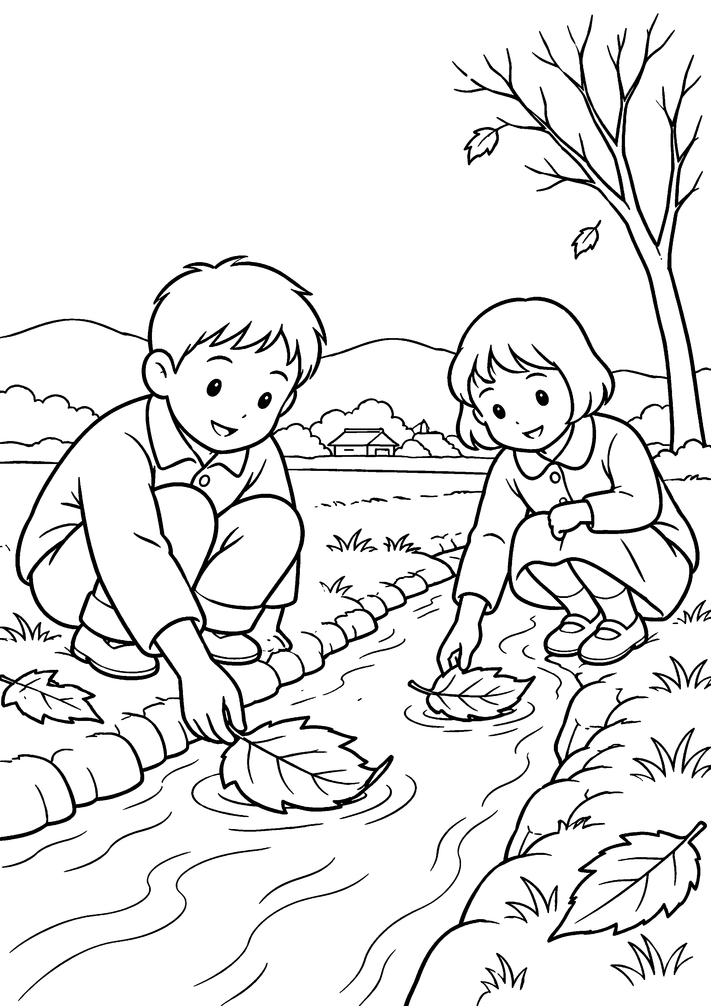 晩秋の小さな水路で、二人の子どもが大きな落ち葉を船に見立てて静かに流している様子を、太く見やすい黒線で描いた高齢者向け塗り絵