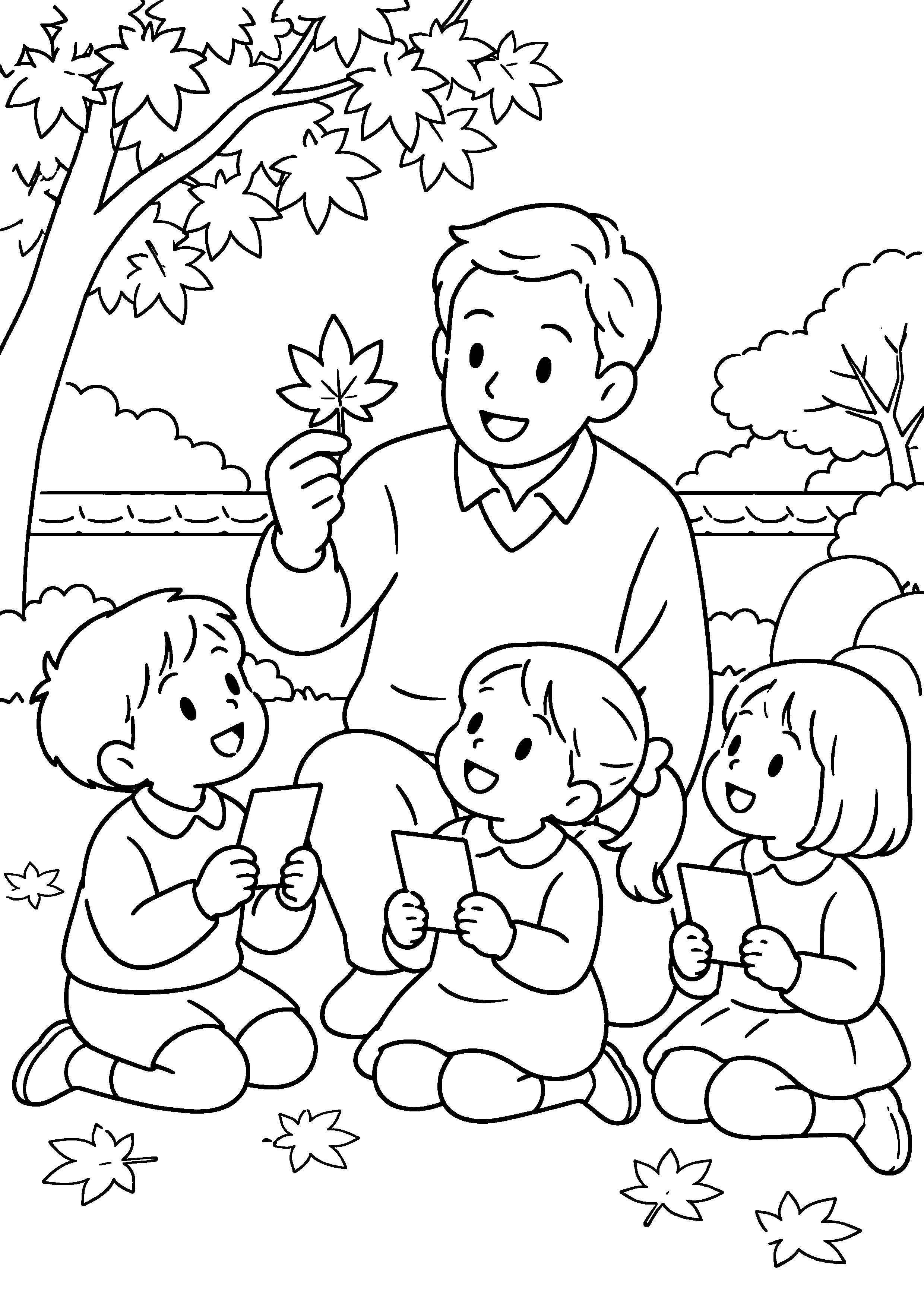 秋の庭で、父親が葉を一枚見せ、子どもたちが赤、黄、茶の色札から答えを選んでいる様子を、太く見やすい黒線で描いた高齢者向け塗り絵
