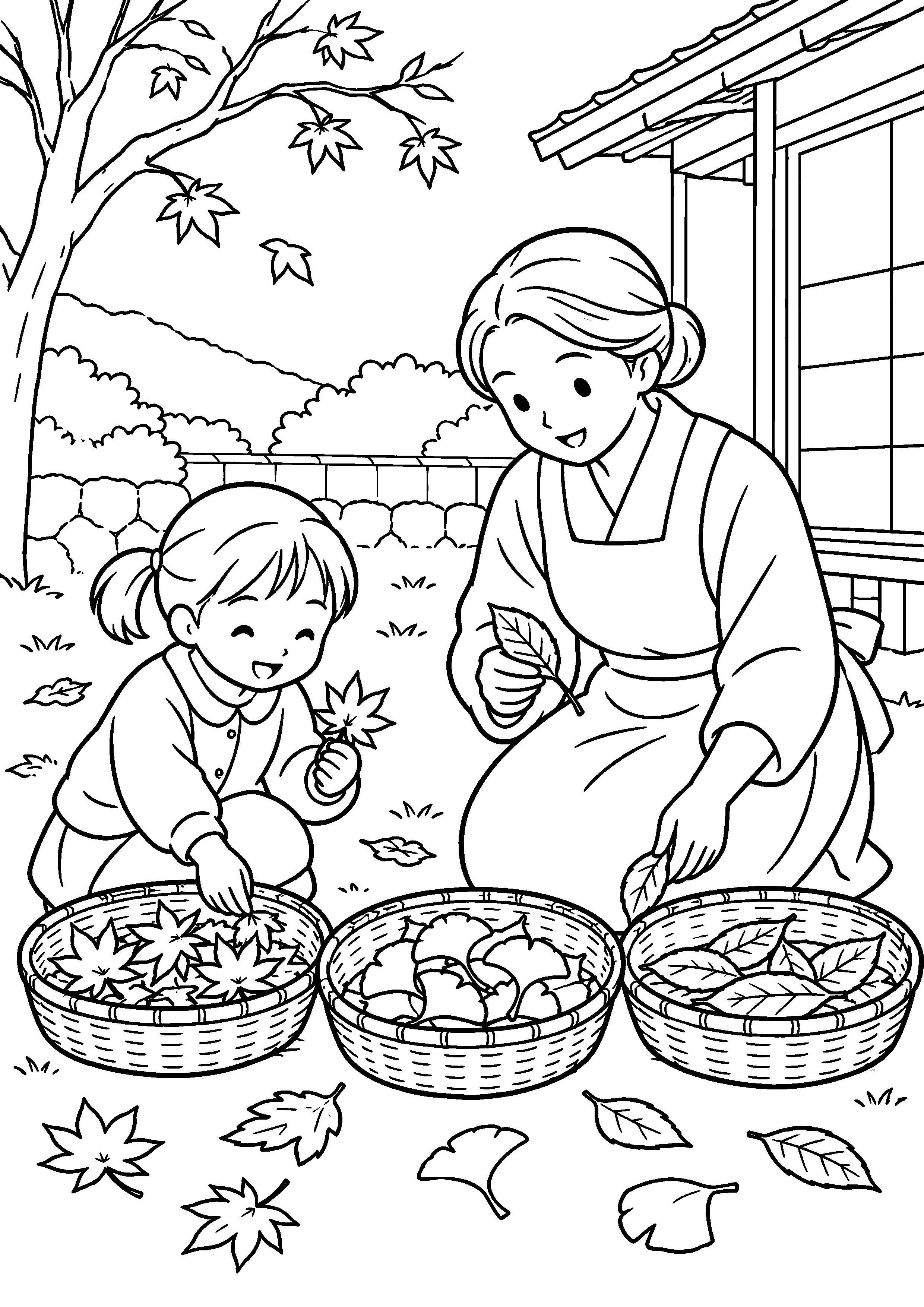 昭和の庭先で、子どもと母親が赤、黄、茶の落ち葉を三つの竹かごに分けている様子を、太く見やすい黒線で描いた高齢者向け塗り絵