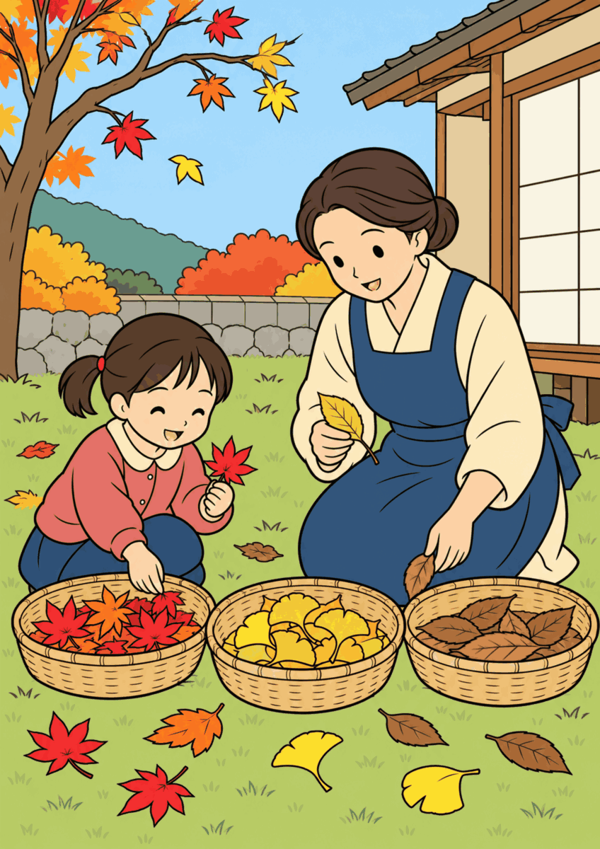 昭和の庭先で、子どもと母親が赤、黄、茶の落ち葉を三つの竹かごに分けている同じ構図を、11月らしい赤、黄、茶、落ち着いた青や緑でやさしく彩った着色見本