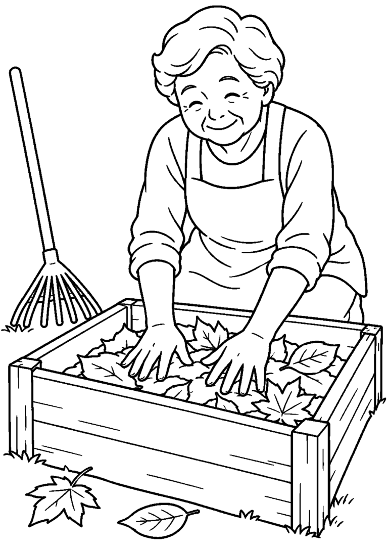 集めた落ち葉を木枠へ入れ踏みならす高齢者向けの白黒塗り絵