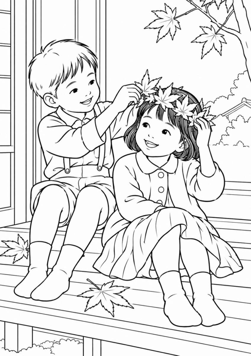 縁側で、二人の子どもが大きな紅葉の葉をつないだ冠を作り、一人が頭にそっと載せている様子を、太く見やすい黒線で描いた高齢者向け塗り絵