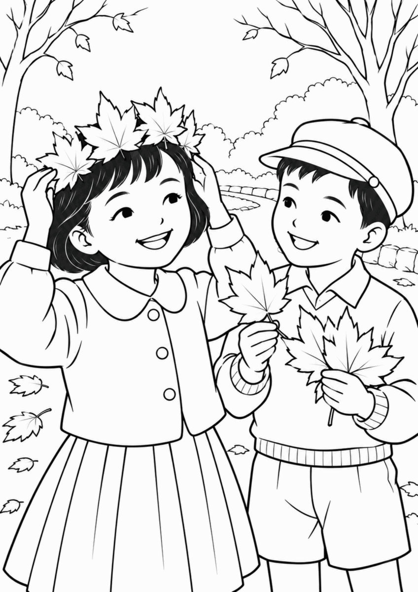 晩秋の公園で落ち葉の冠を作る子どもたちの白黒線画塗り絵