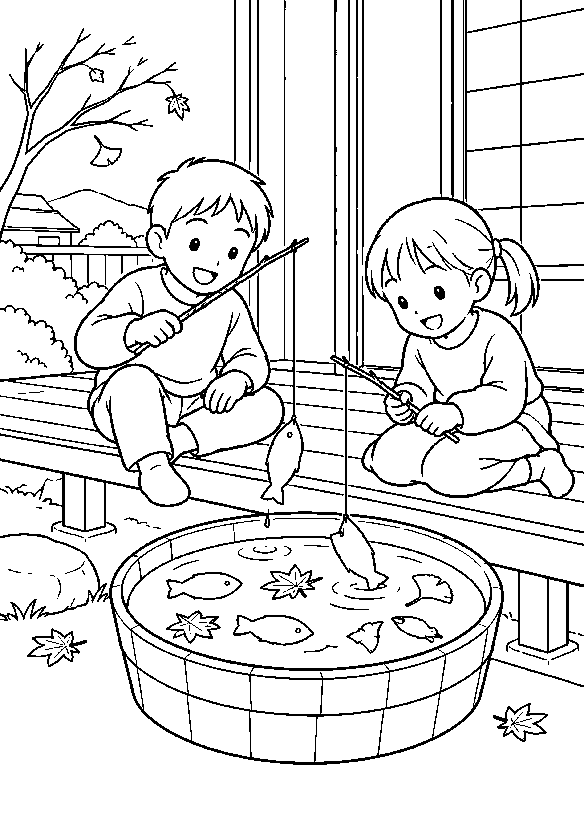 昭和の縁側で、子ども二人が紙の魚と木の葉を並べ、小枝の釣りざおで魚釣りごっこをしている様子を、太く見やすい黒線で描いた高齢者向け塗り絵
