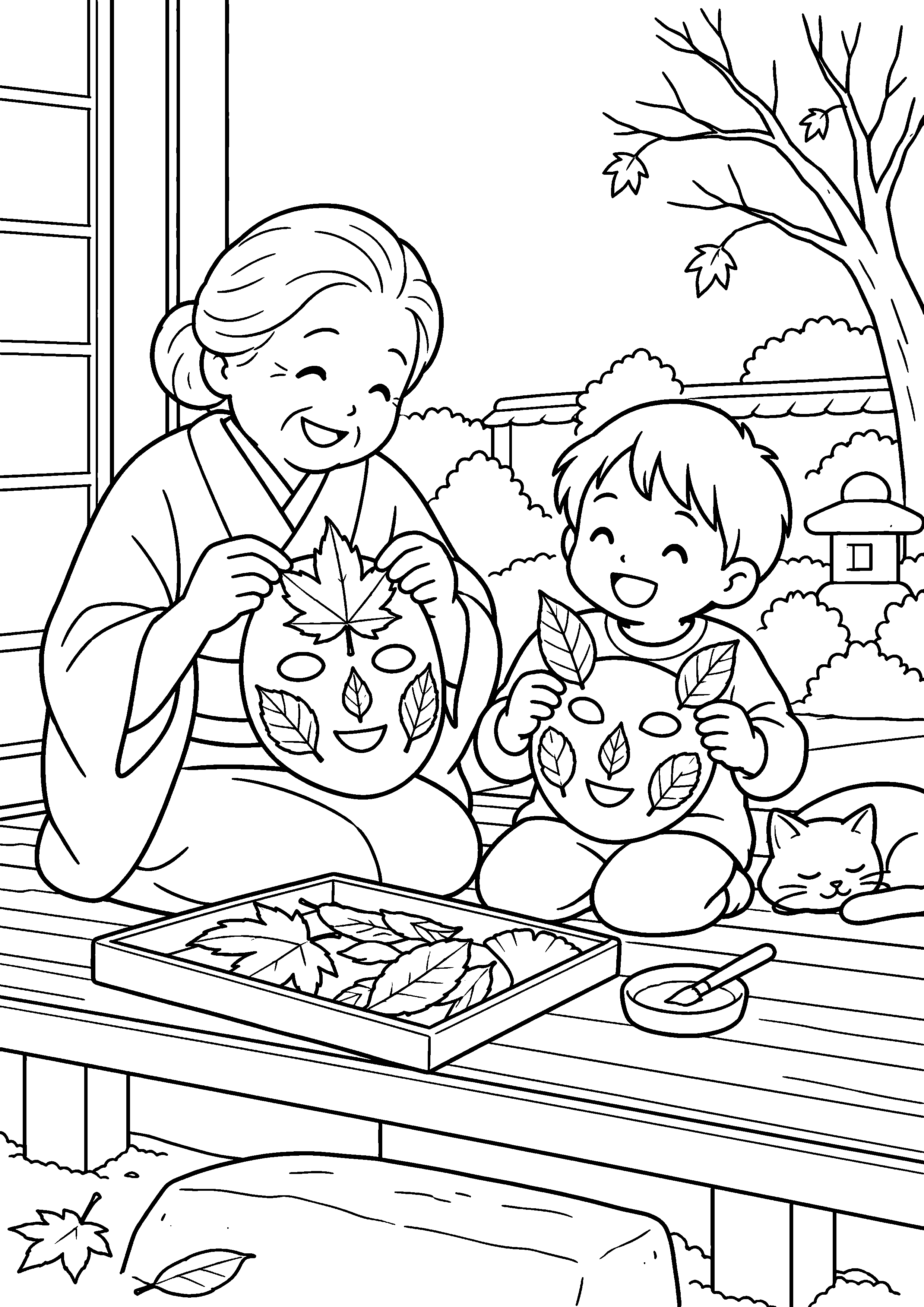 昭和の縁側で、子どもと祖母が大きな落ち葉を台紙に貼ってお面を作っている様子を、太く見やすい黒線で描いた高齢者向け塗り絵