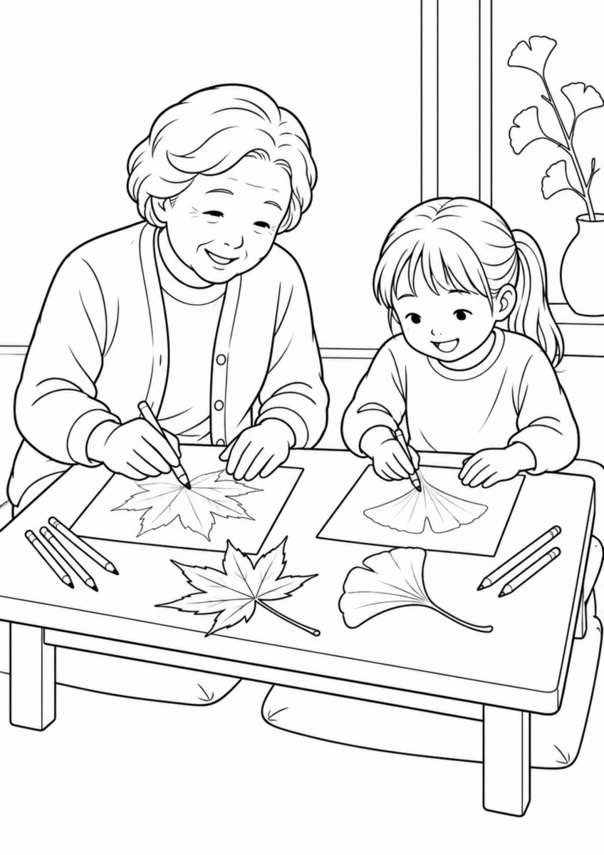 低い机で、祖母と孫が大きな落ち葉の上に紙を置き、色鉛筆で葉脈を写し取っている様子を、太く見やすい黒線で描いた高齢者向け塗り絵