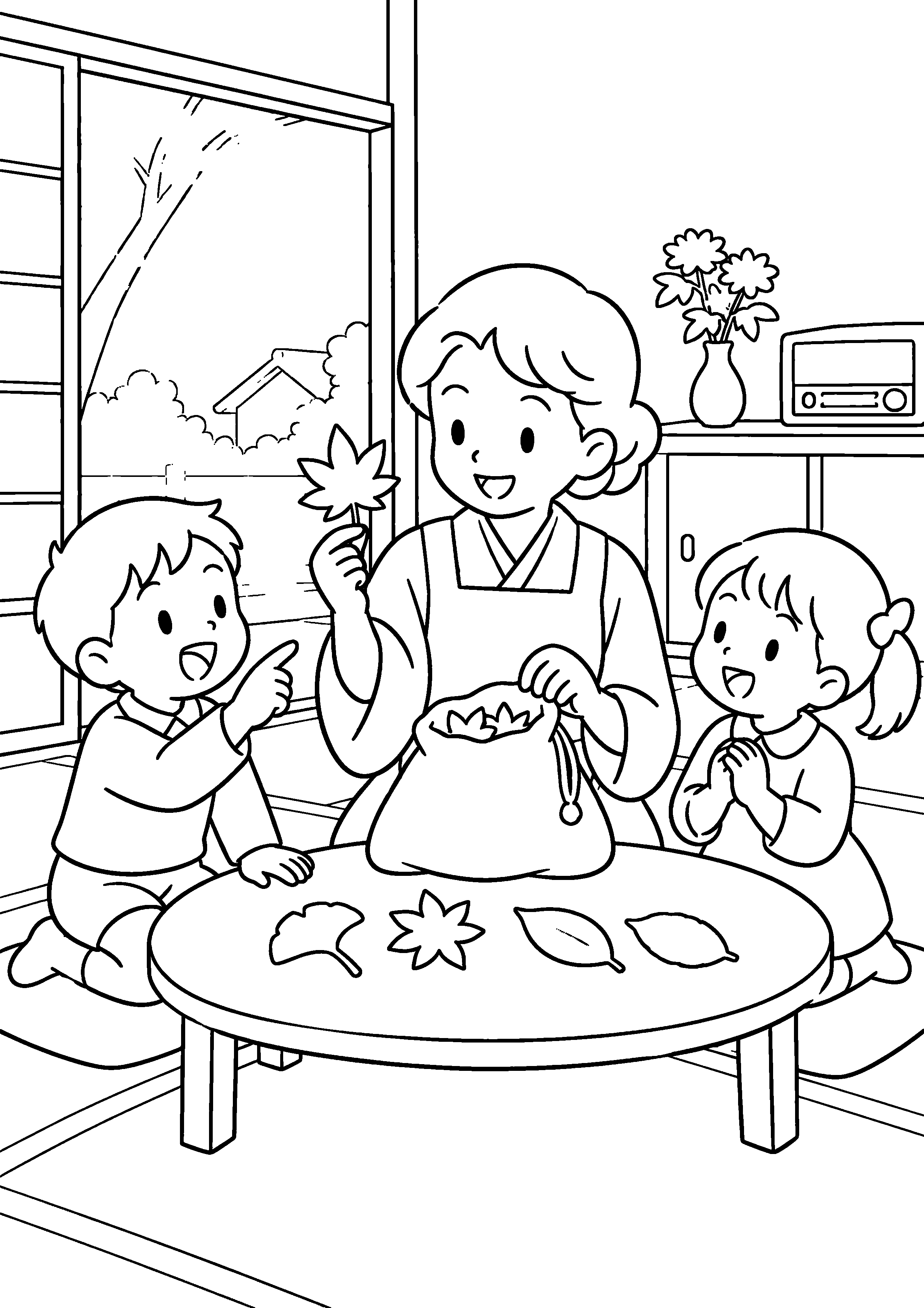 昭和の居間で、母親が布袋から一枚の葉を取り出し、子ども二人が形を当てている様子を、太く見やすい黒線で描いた高齢者向け塗り絵