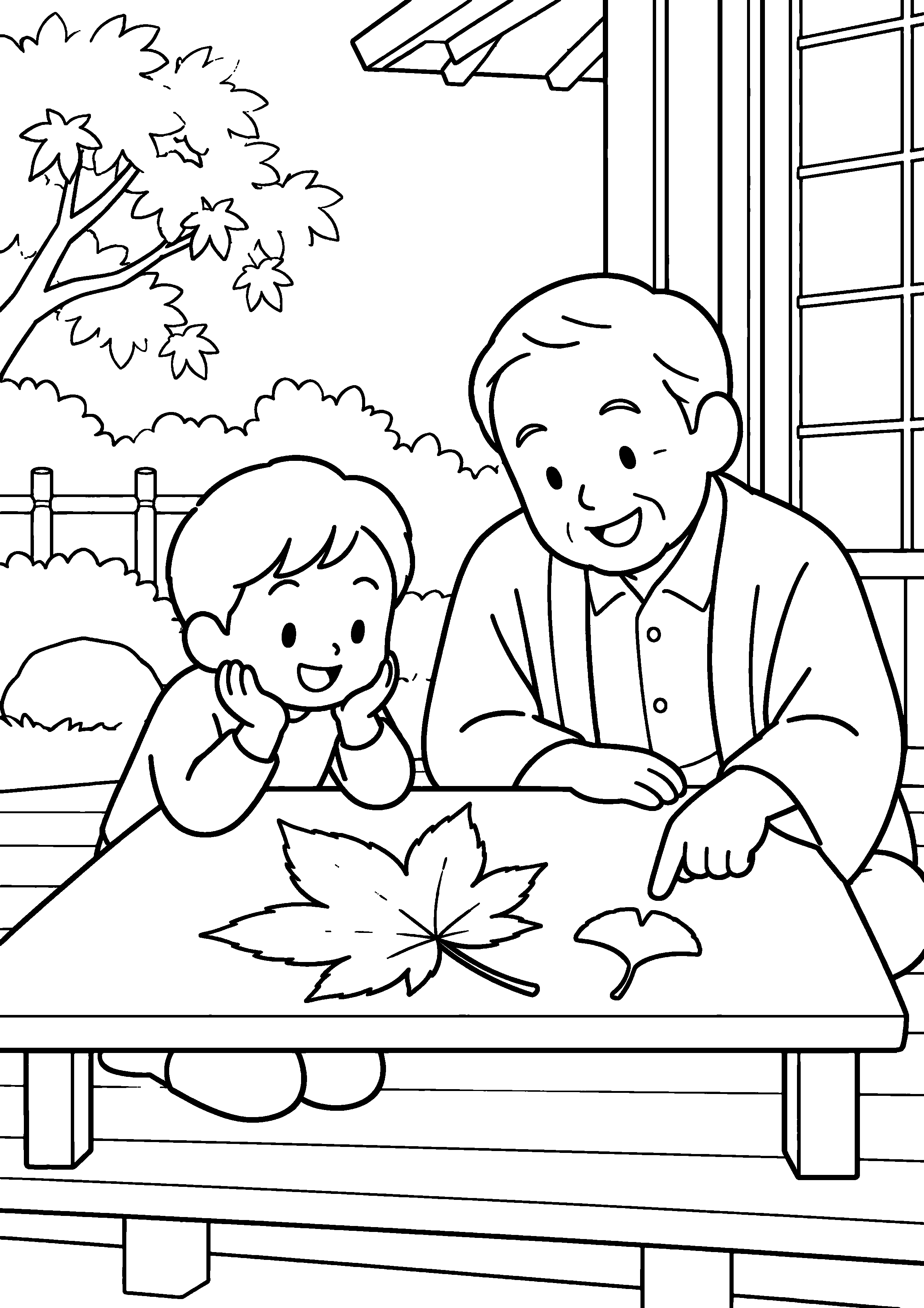 昭和の縁側で、祖父と子どもが拾った大きな葉と小さな葉を机に並べて比べている様子を、太く見やすい黒線で描いた高齢者向け塗り絵