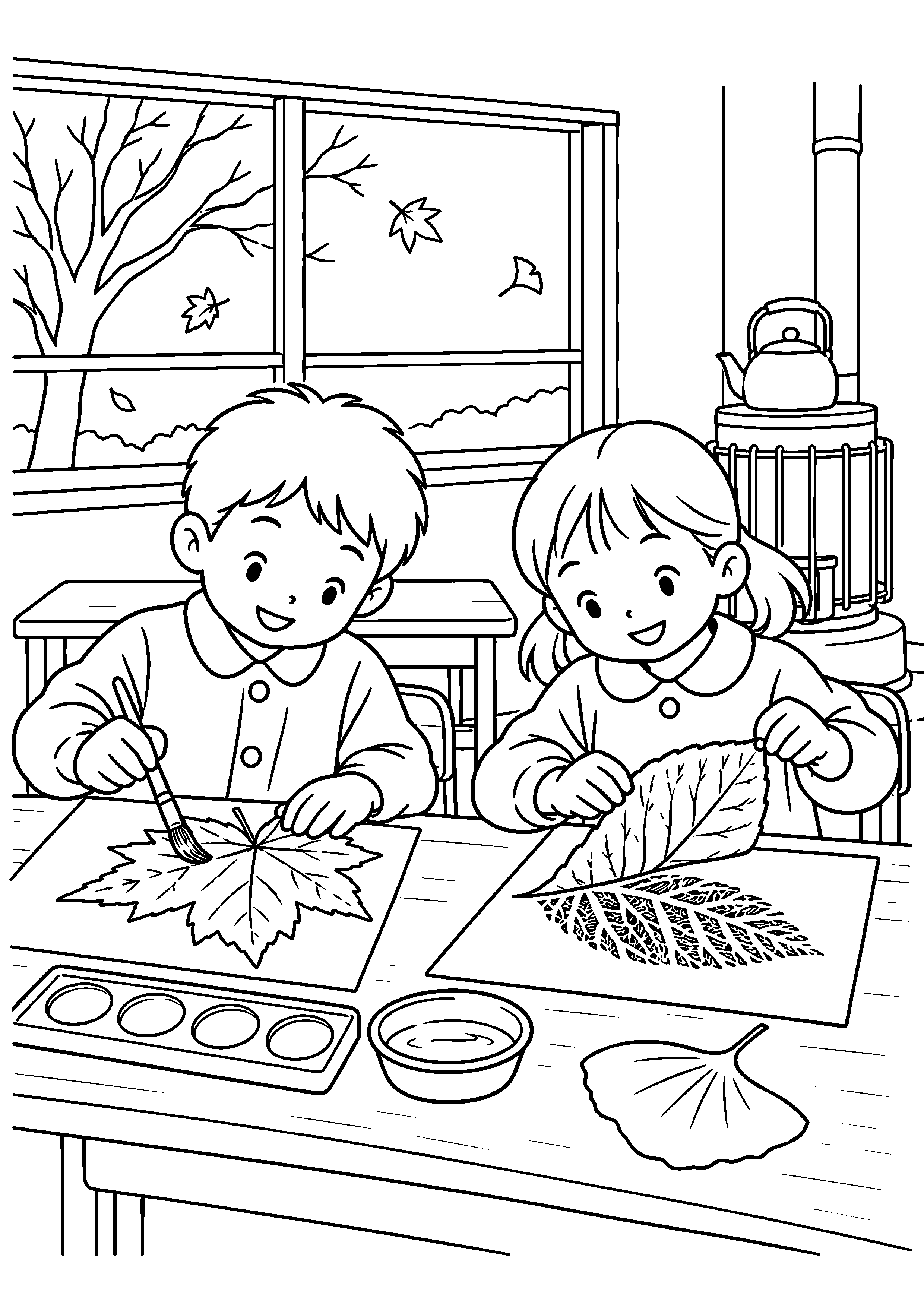 昭和の教室で、二人の子どもが大きな木の葉に絵の具をつけ、紙に葉脈を写している様子を、太く見やすい黒線で描いた高齢者向け塗り絵