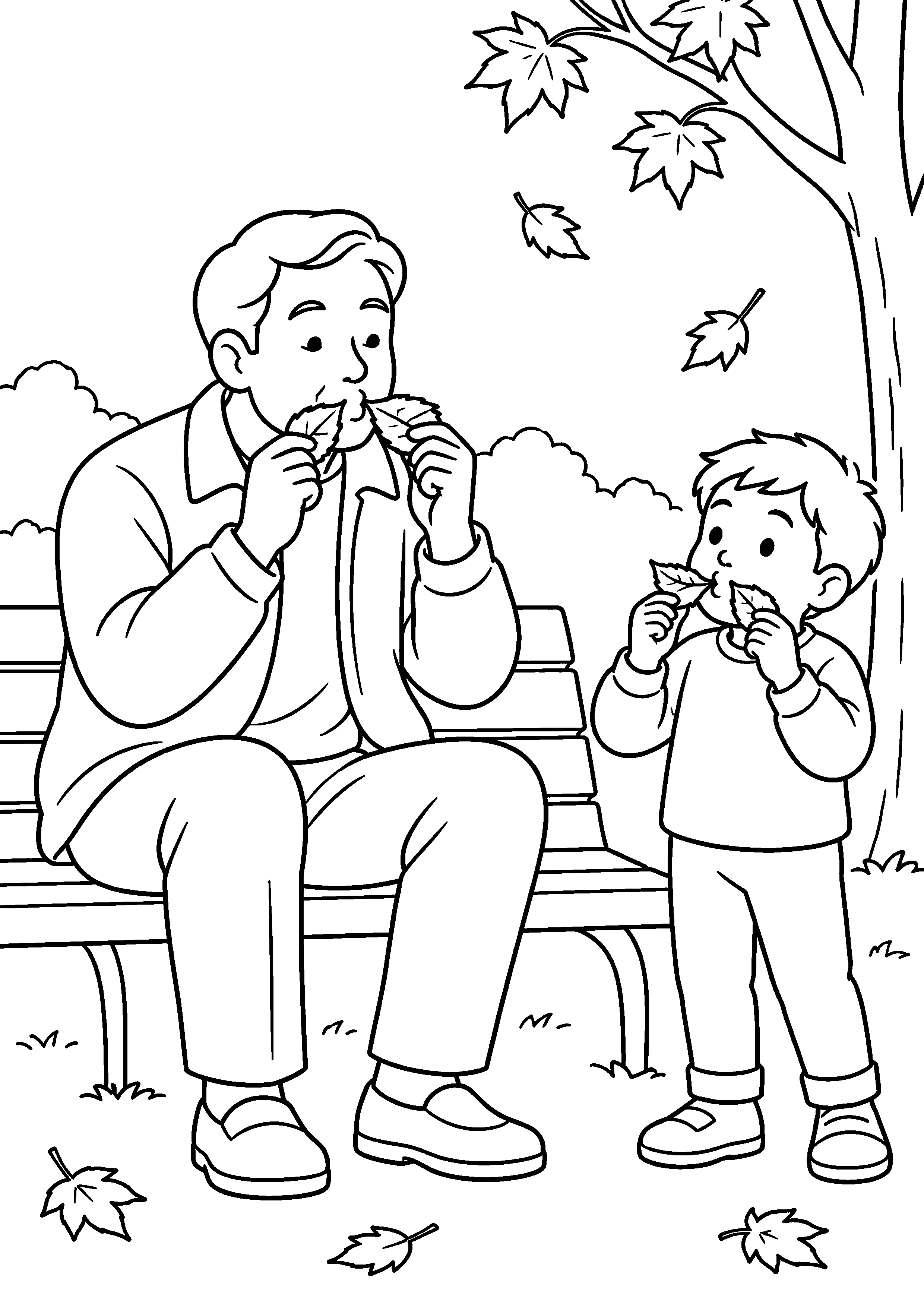 秋の公園で、父親が両手に木の葉をはさんで吹き、子どもがまねをしている様子を、太く見やすい黒線で描いた高齢者向け塗り絵