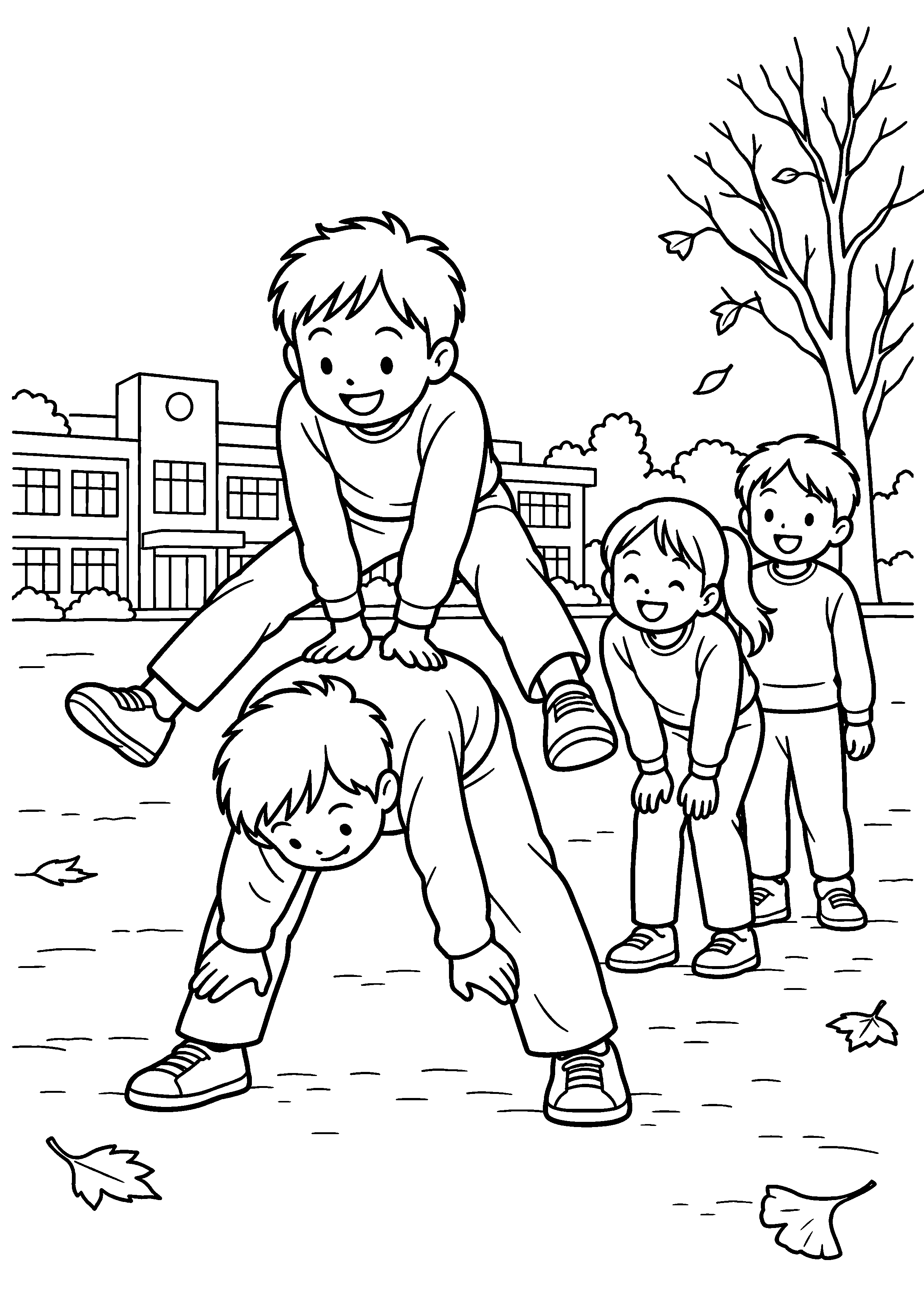 晩秋の校庭で、長袖姿の子どもたちが順番に馬跳びをしている様子を、太く見やすい黒線で描いた高齢者向け塗り絵