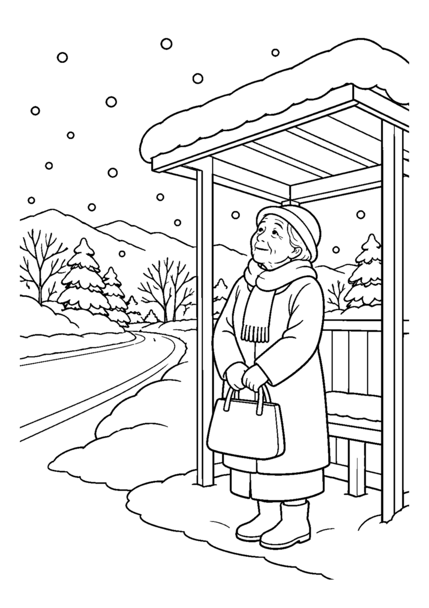 小さな屋根のバス停で雪を待つ高齢者1人。白黒の高齢者向け塗り絵