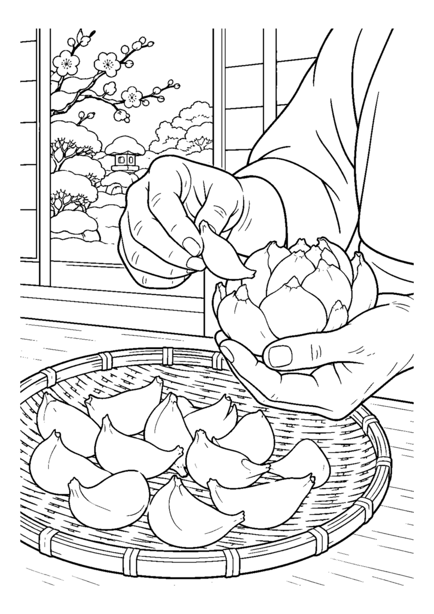 【１２月】百合根をほぐすの塗り絵