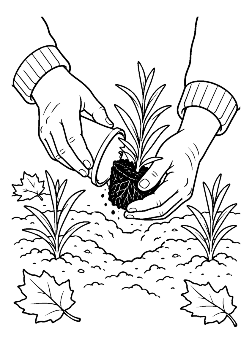 細長い葉の苗を育苗ポットから細い花壇へ植え替える手元。白黒の高齢者向け塗り絵