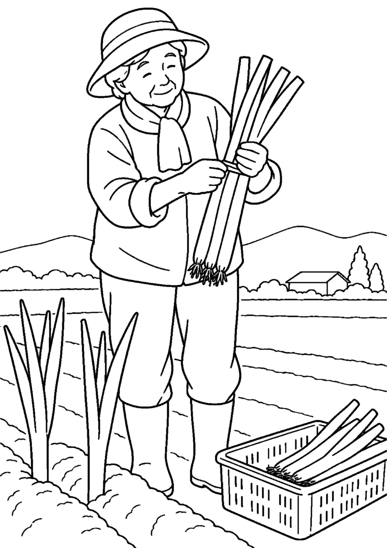 畝から長ねぎを抜き束ねる手仕事高齢者向けの白黒塗り絵