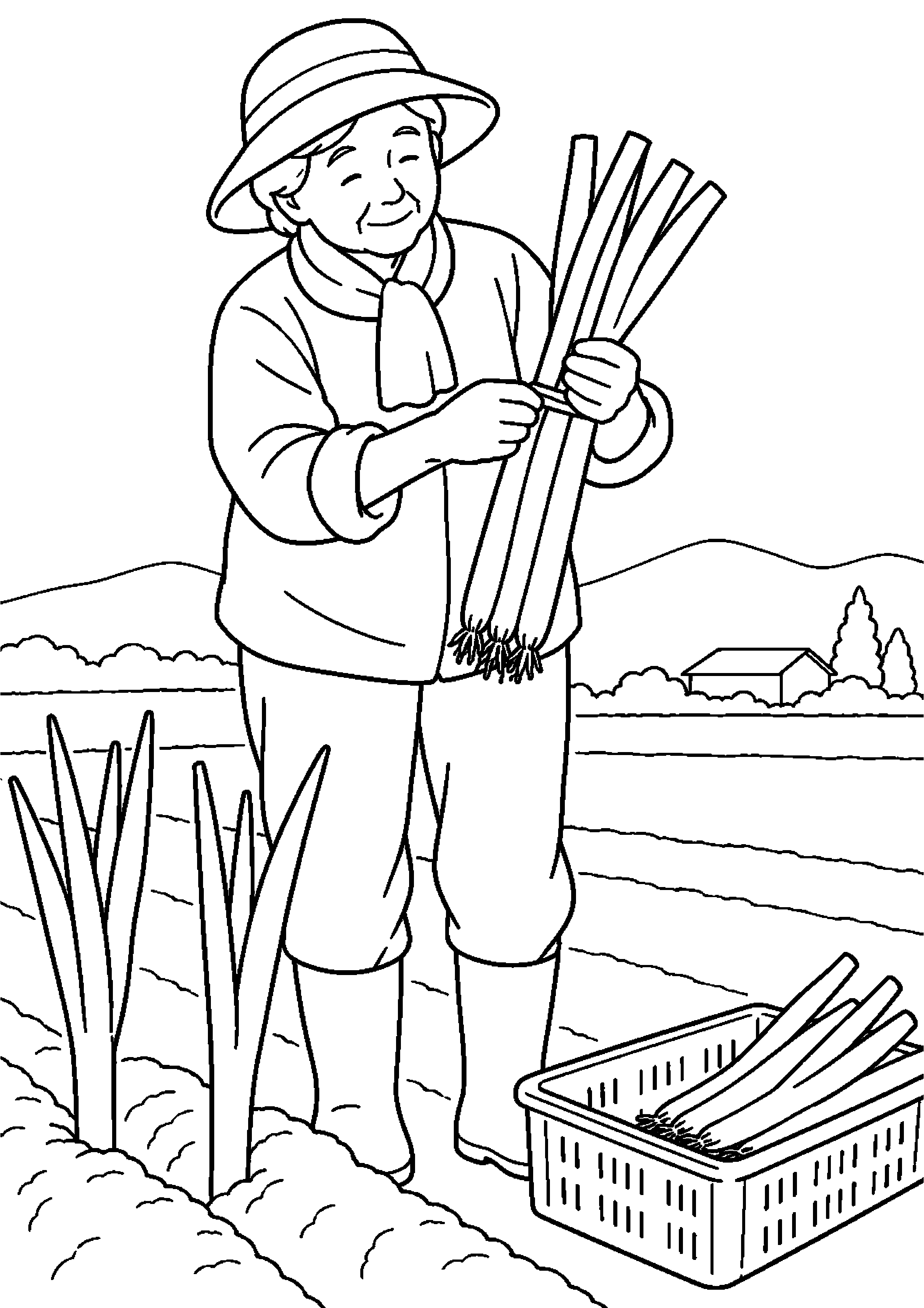 畝から長ねぎを抜き束ねる手仕事高齢者向けの白黒塗り絵
