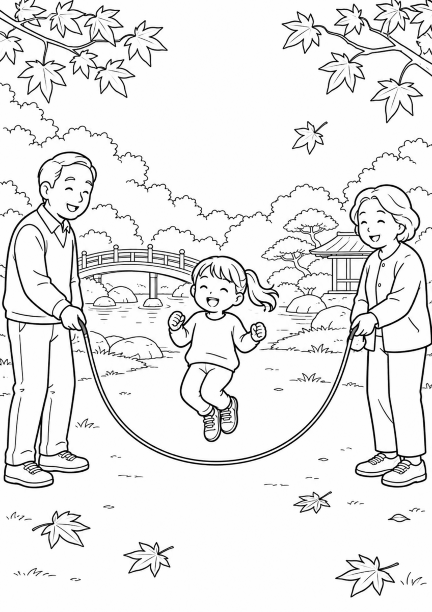 秋の広場で、大人二人が長い縄を回し、中央で子どもが一人跳んでいる様子を、太く見やすい黒線で描いた高齢者向け塗り絵