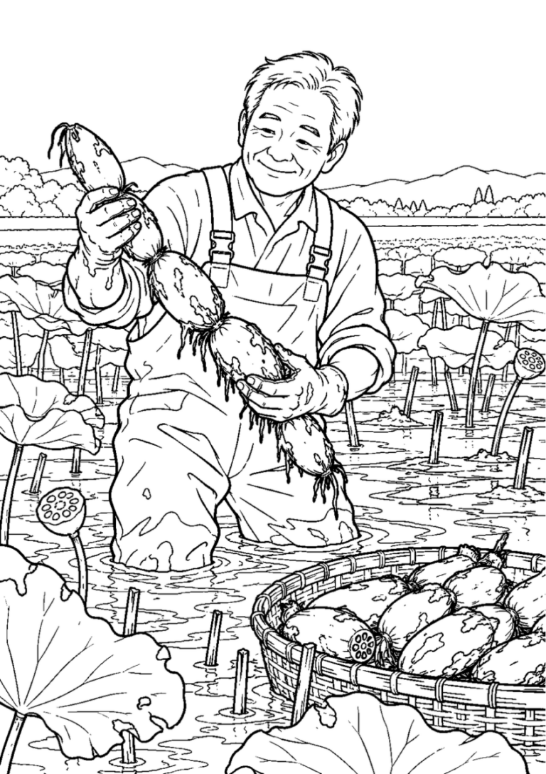 れんこん掘りを10月の場面として描いた高齢者向けの白黒線画塗り絵