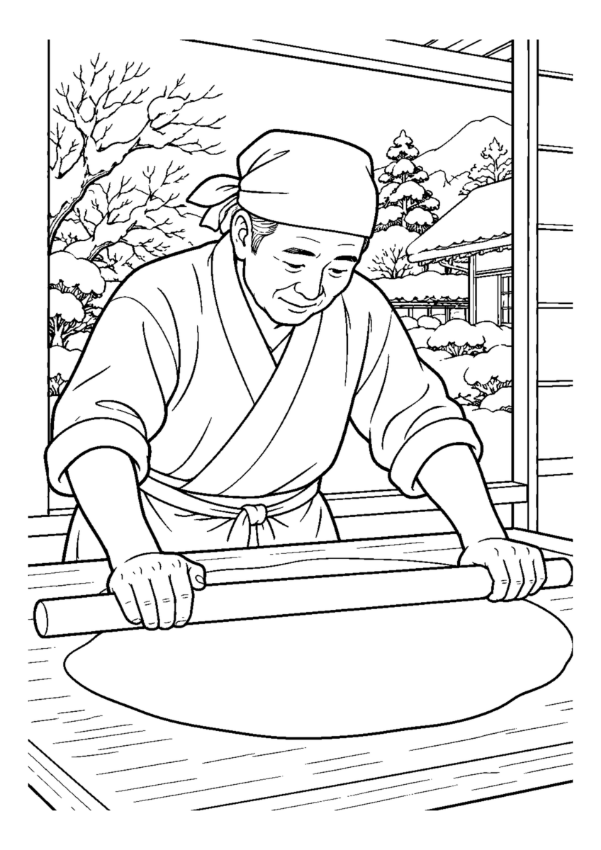 こねたそば生地を長い麺棒で延ばす手元。白黒の高齢者向け塗り絵