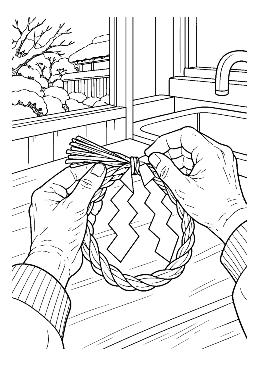 細いしめ縄を輪にし紙垂を付ける手元。白黒の高齢者向け塗り絵