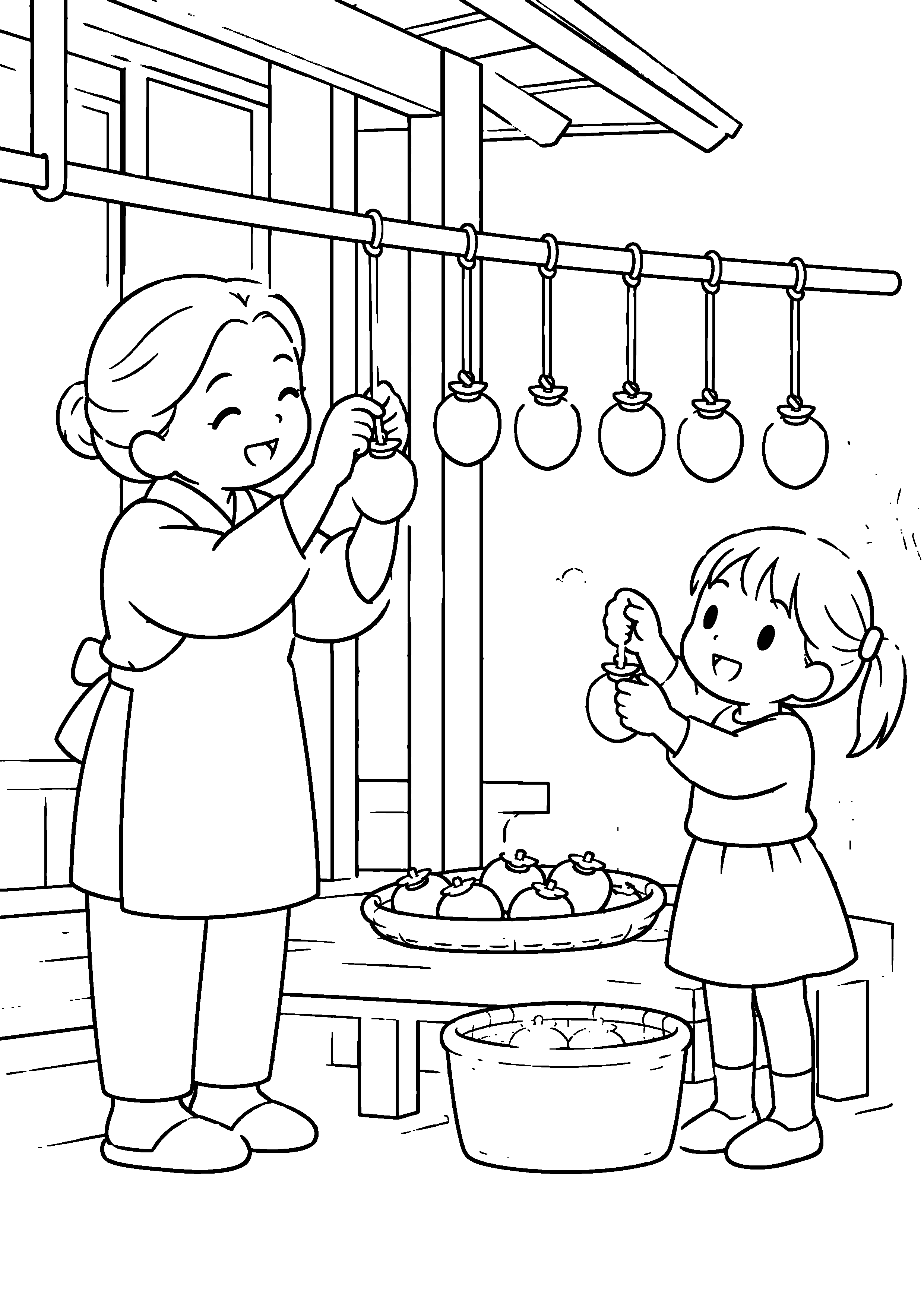 昭和の軒下で、祖母と孫が皮をむいた柿をひもにつけ、横一列に吊るしている様子を、太く見やすい黒線で描いた高齢者向け塗り絵