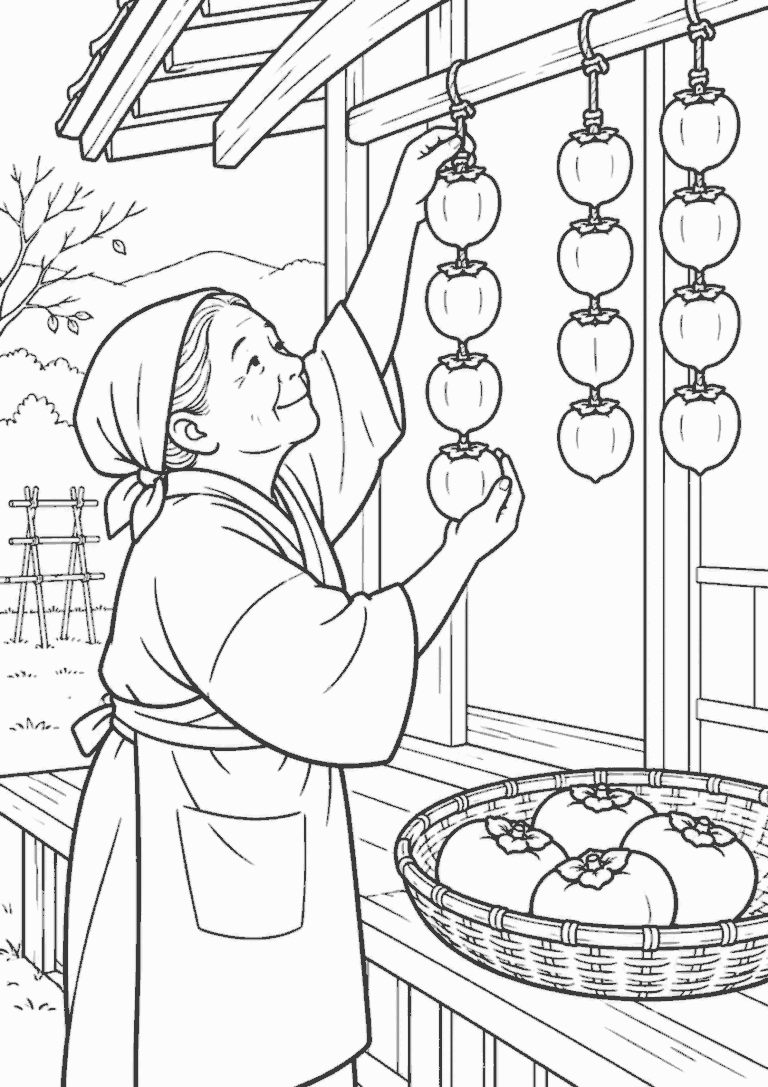 高齢女性が11月に軒下で干し柿を作る昔の暮らしの白黒線画の塗り絵