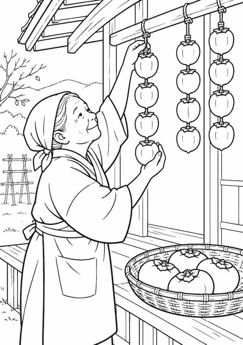 高齢女性が11月に軒下で干し柿を作る昔の暮らしの白黒線画の塗り絵