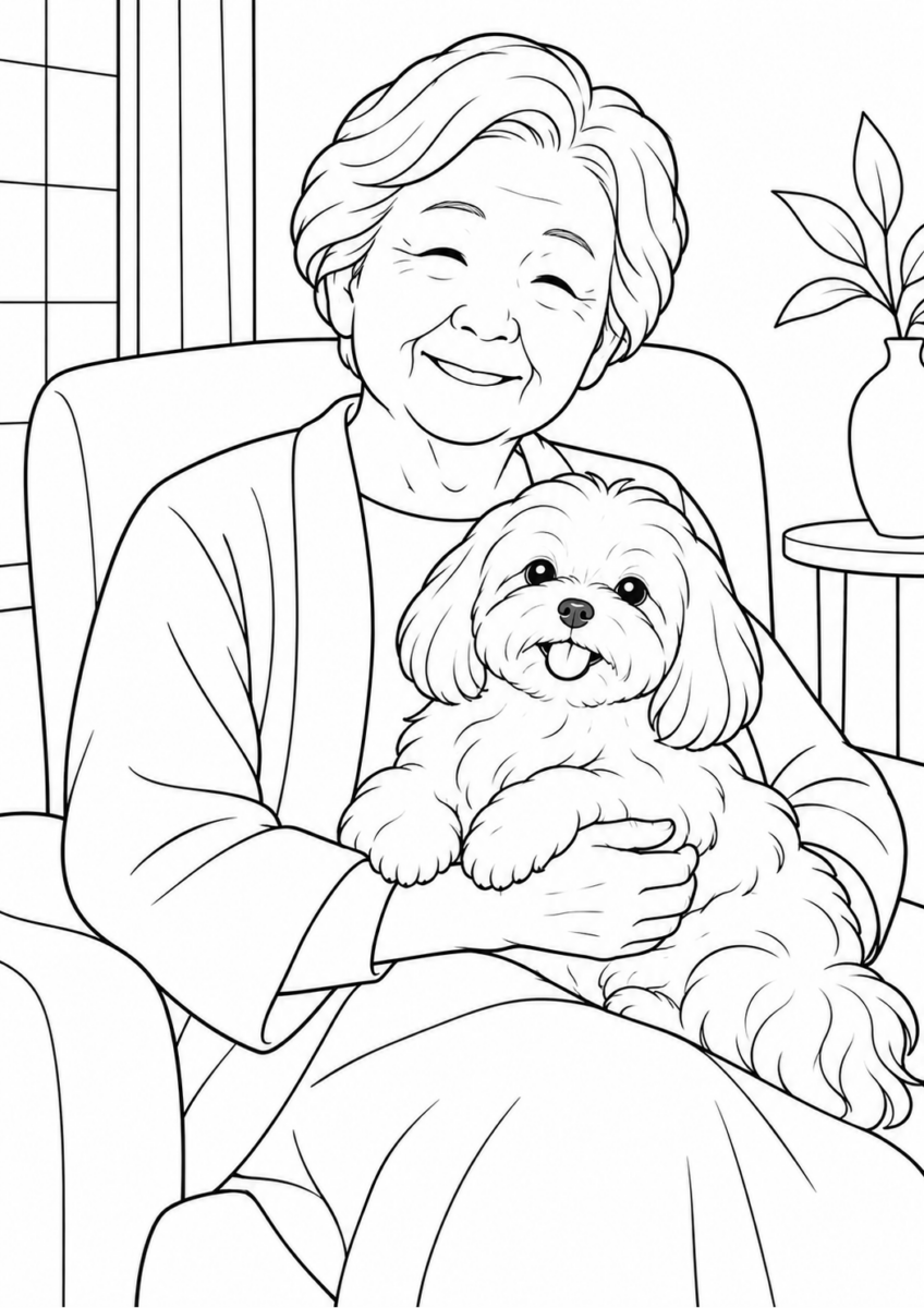 おばあさんに抱かれるマルチーズを描いた高齢者向けの白黒線画塗り絵