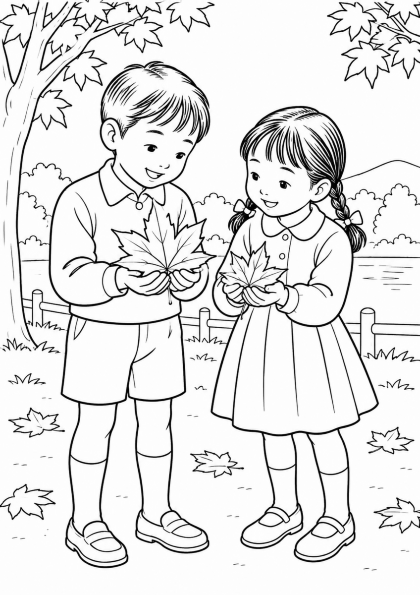 紅葉した公園で、二人の子どもが拾った大きなもみじの葉を手のひらに載せ、形や大きさを比べている様子を、太く見やすい黒線で描いた高齢者向け塗り絵