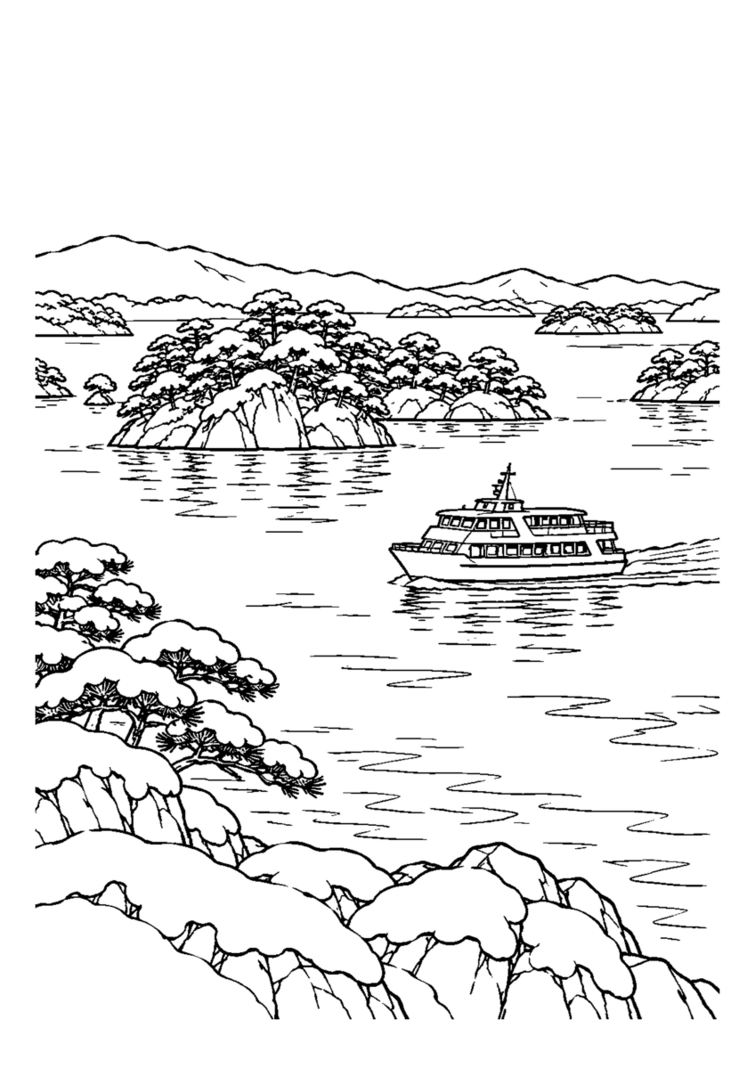 松の小島と遊覧船1隻、薄雪の岸。白黒の高齢者向け塗り絵