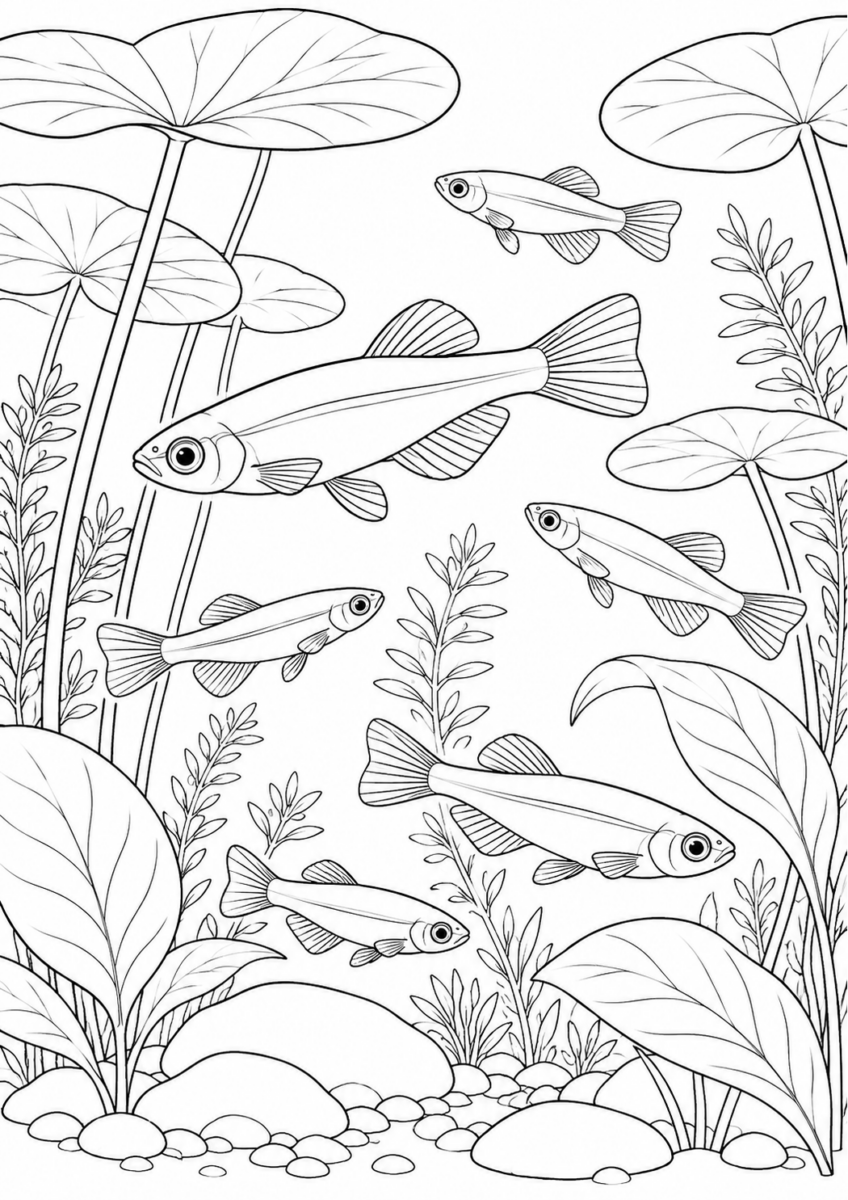水草のそばのメダカを描いた高齢者向けの白黒線画塗り絵