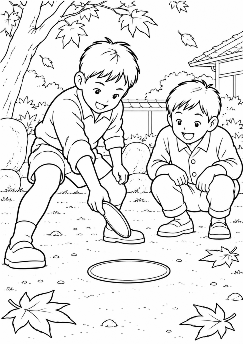 秋の庭で、二人の子どもが地面に置いた大きな丸いめんこへ、別のめんこを振り下ろしている様子を、太く見やすい黒線で描いた高齢者向け塗り絵