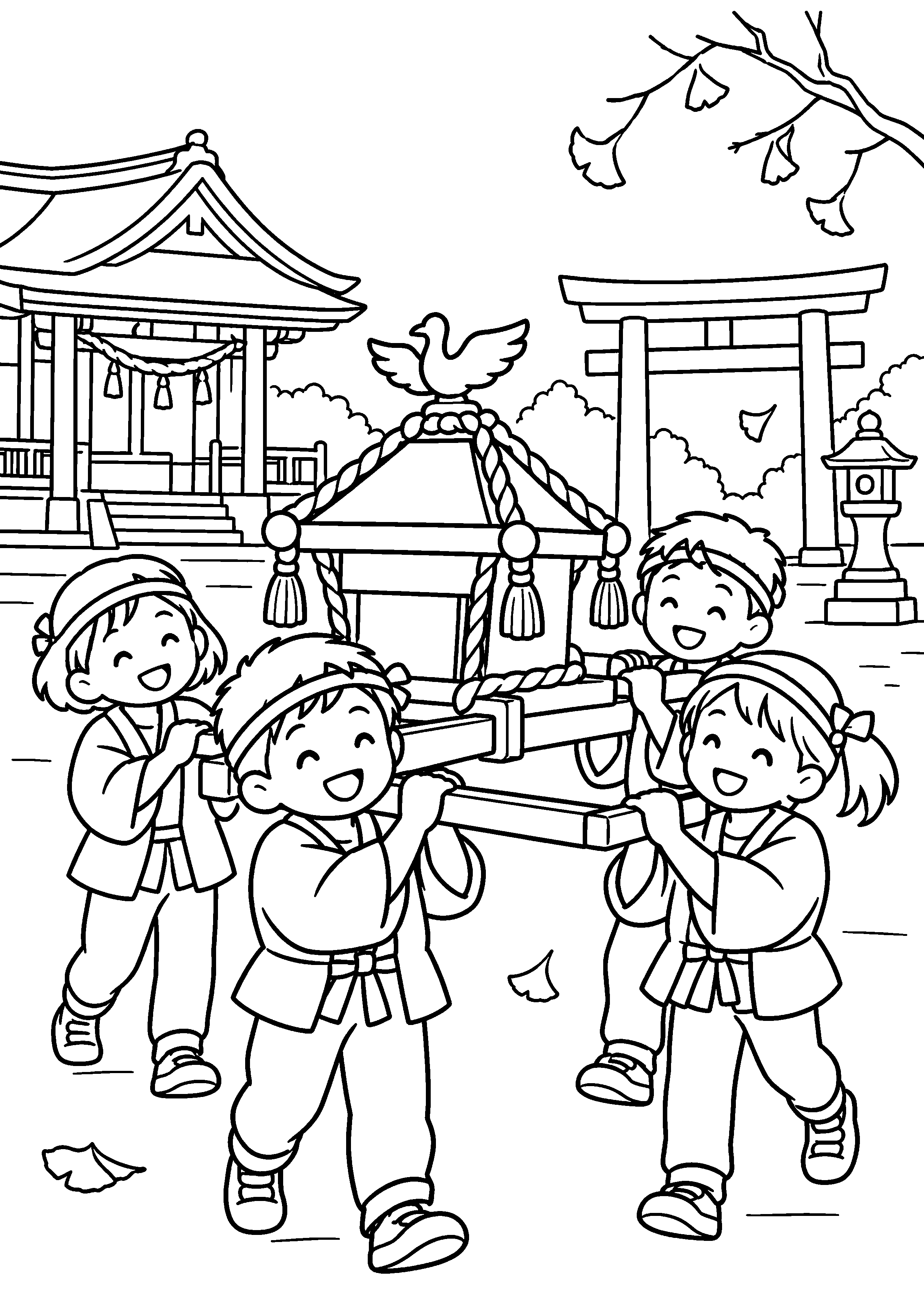 秋祭りの翌日、神社の境内で子どもたちが段ボールと棒で作った小さなお神輿を担いでいる様子を、太く見やすい黒線で描いた高齢者向け塗り絵