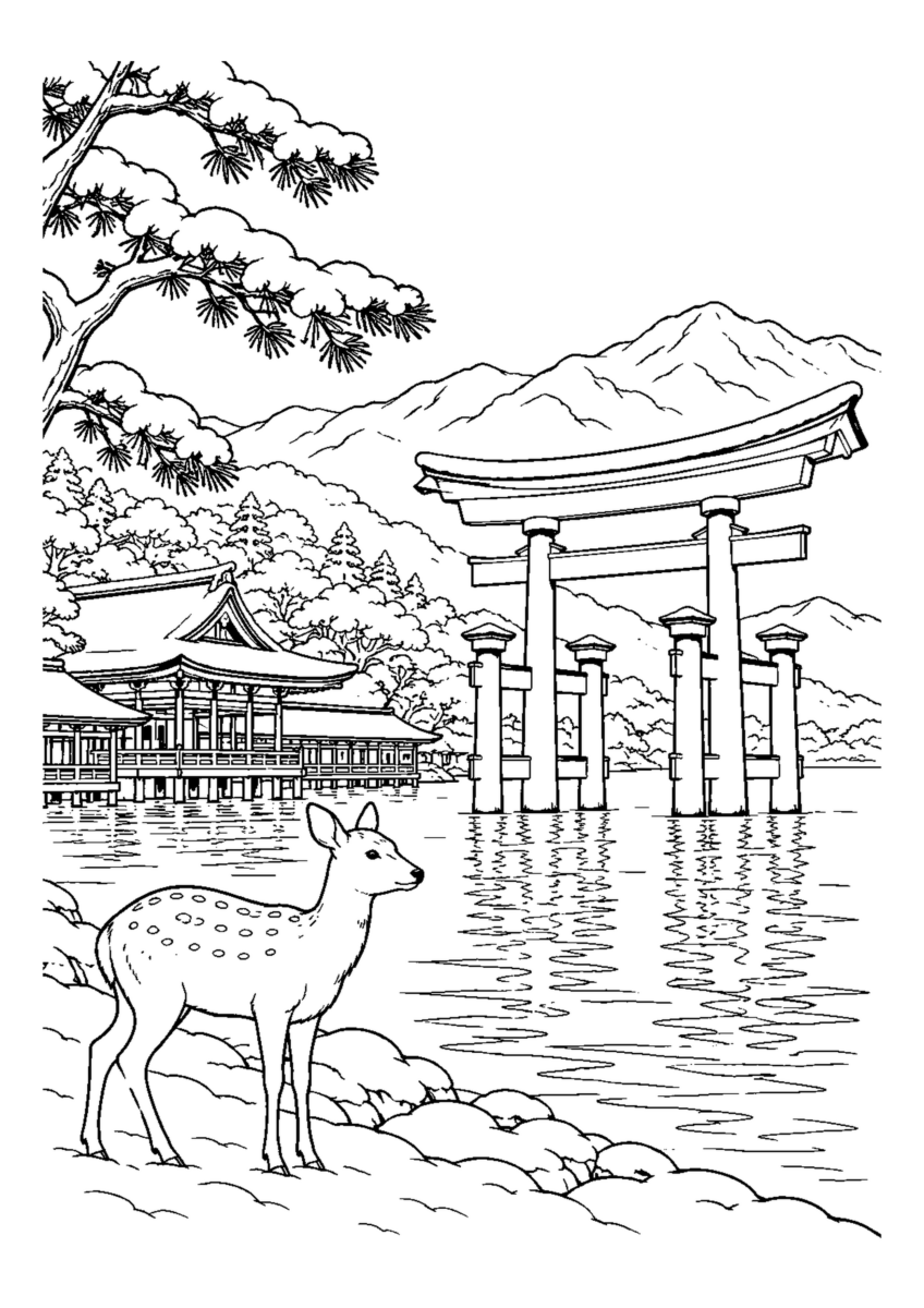 海の大鳥居と薄雪の社殿、鹿1頭。白黒の高齢者向け塗り絵