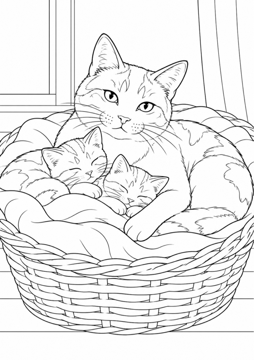 親猫と子猫を描いた高齢者向けの白黒線画塗り絵