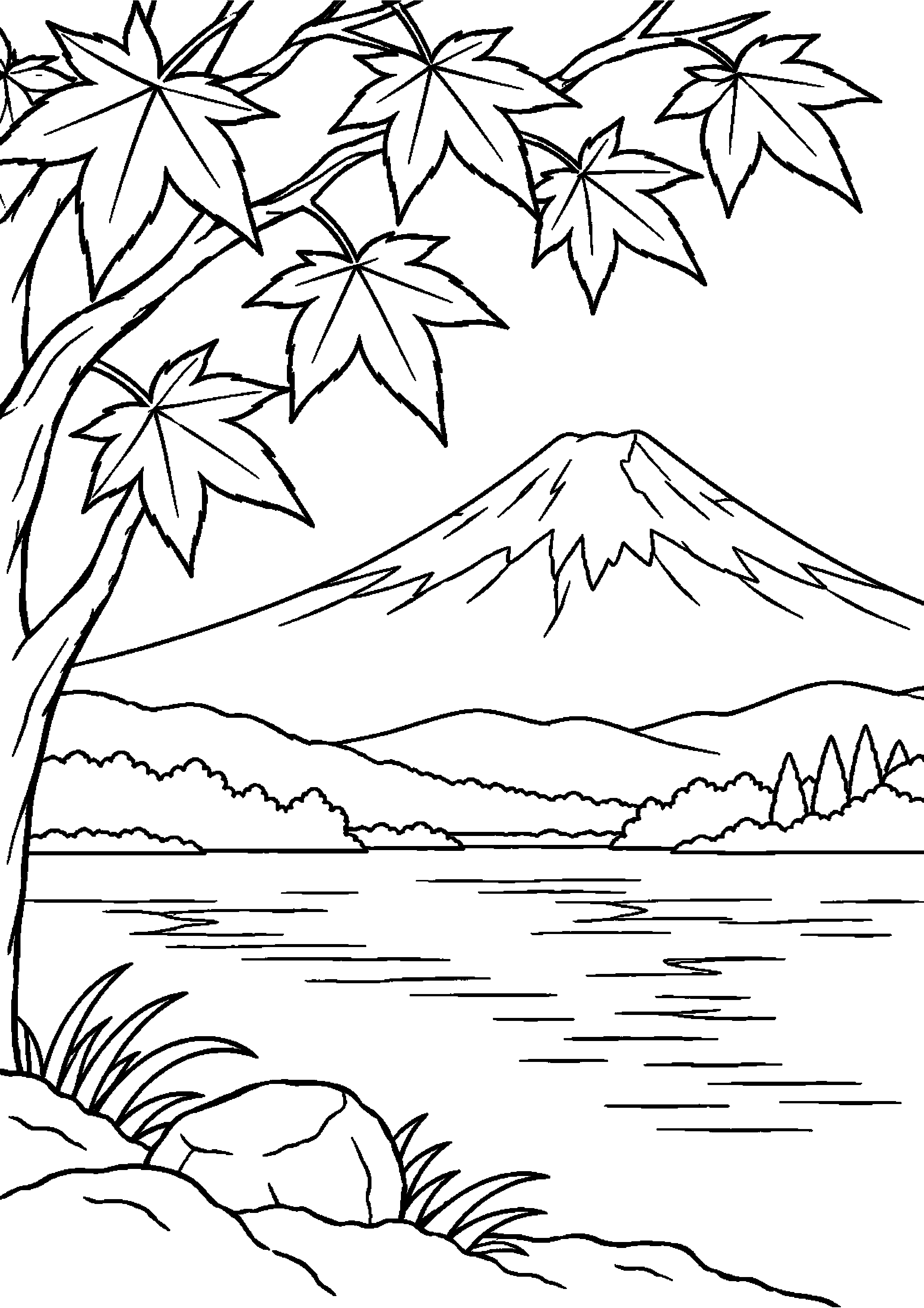 【11月】紅葉越しの富士山の塗り絵