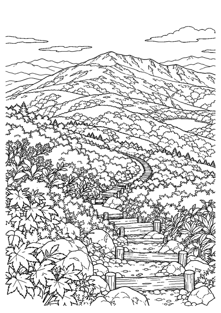 栗駒山の紅葉を10月の場面として描いた高齢者向けの白黒線画塗り絵