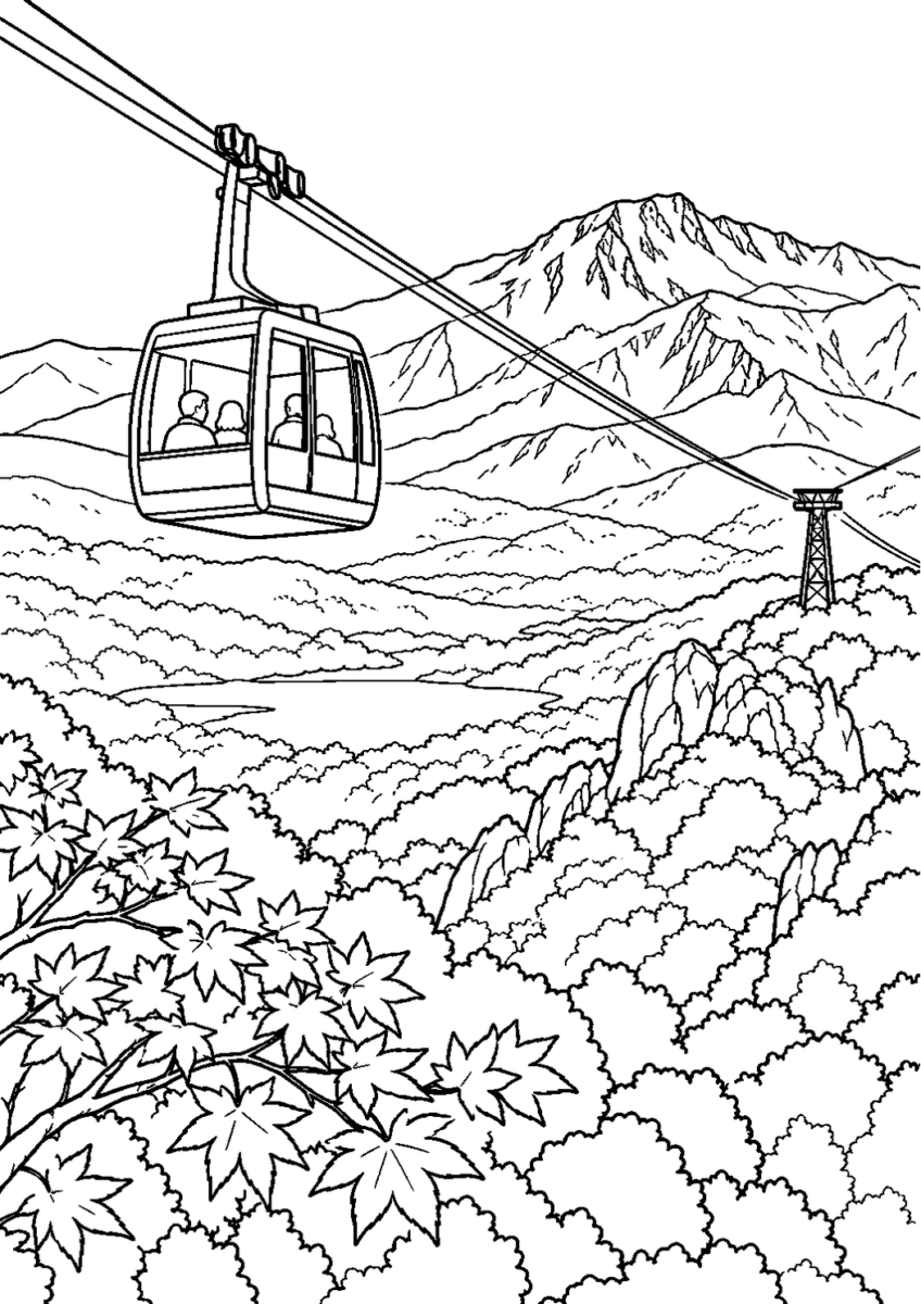 那須岳の紅葉を10月の場面として描いた高齢者向けの白黒線画塗り絵
