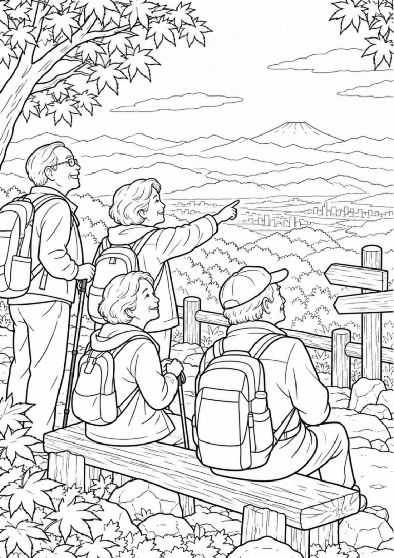 高尾山の秋を10月の場面として描いた高齢者向けの白黒線画塗り絵