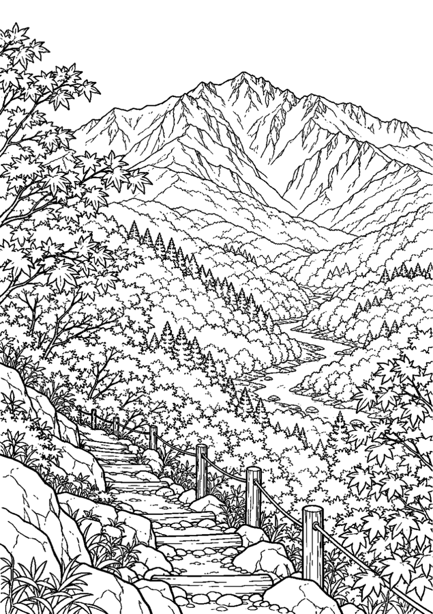 谷川岳の紅葉を10月の場面として描いた高齢者向けの白黒線画塗り絵