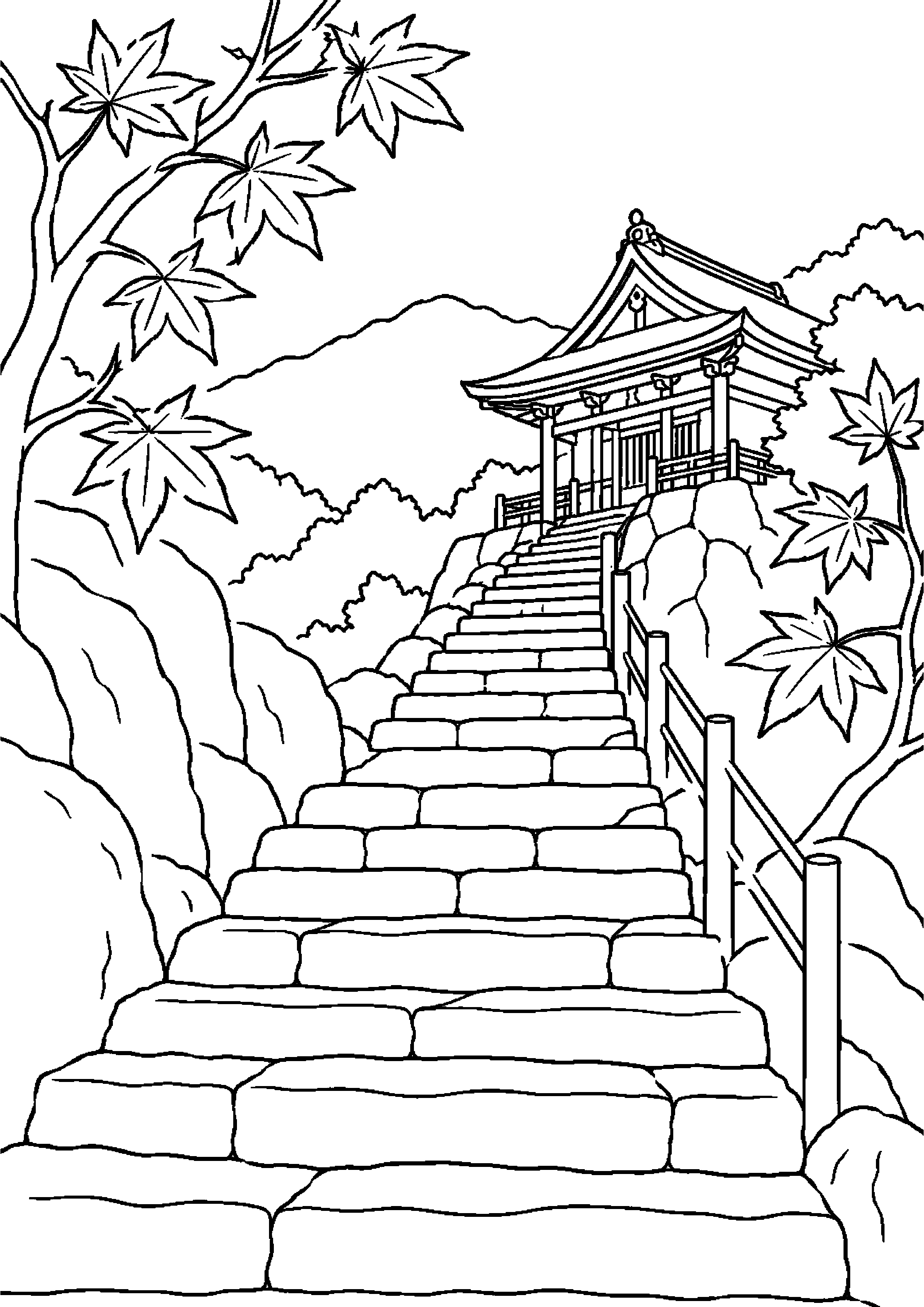【11月】山寺の石段と紅葉の塗り絵
